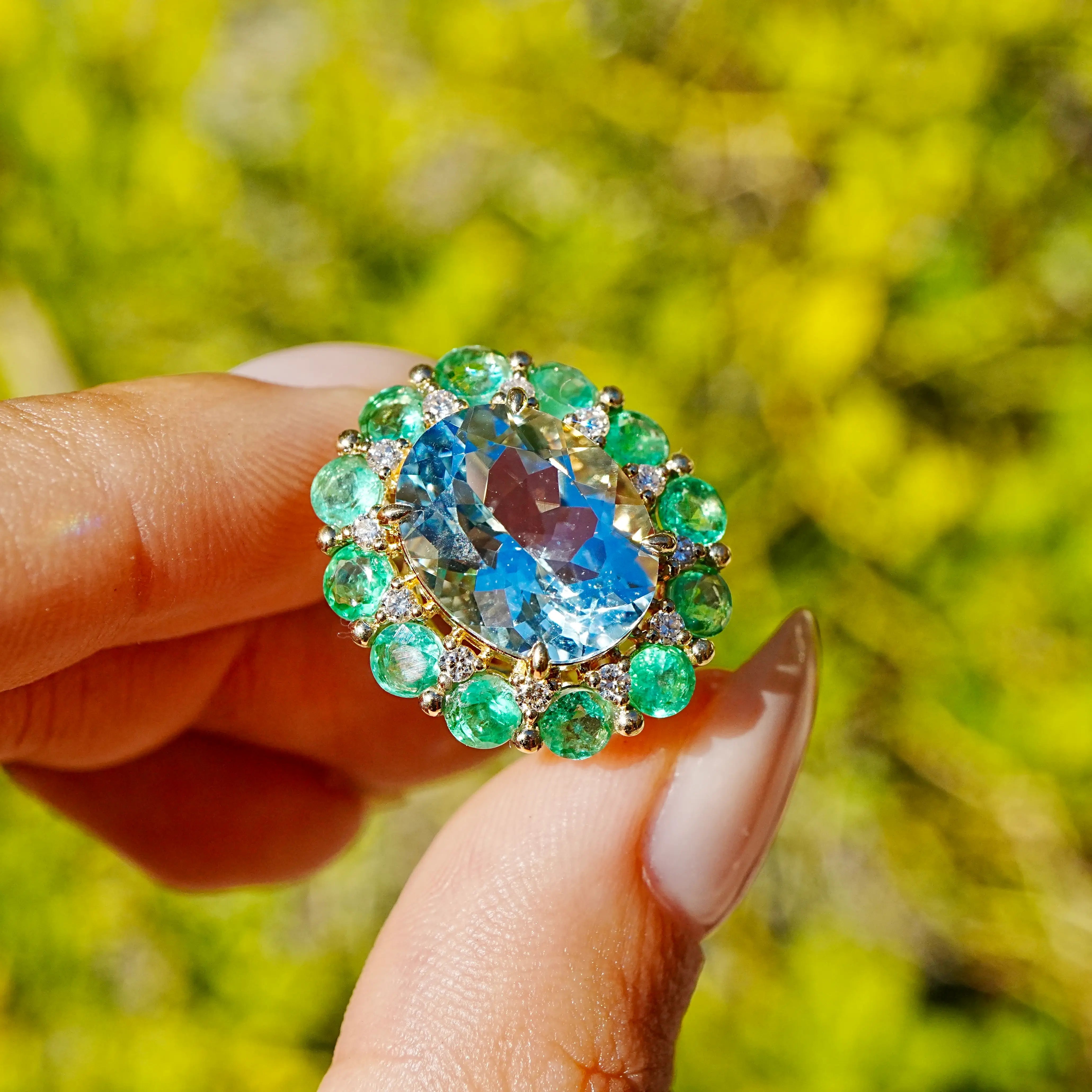 Kai Fine Jewelry Belle Halo 8.19 ctw Guild Certified Natural Aquamarine Emerald & Diamond East-West Ring Size 7 (One-of-a-Kind)