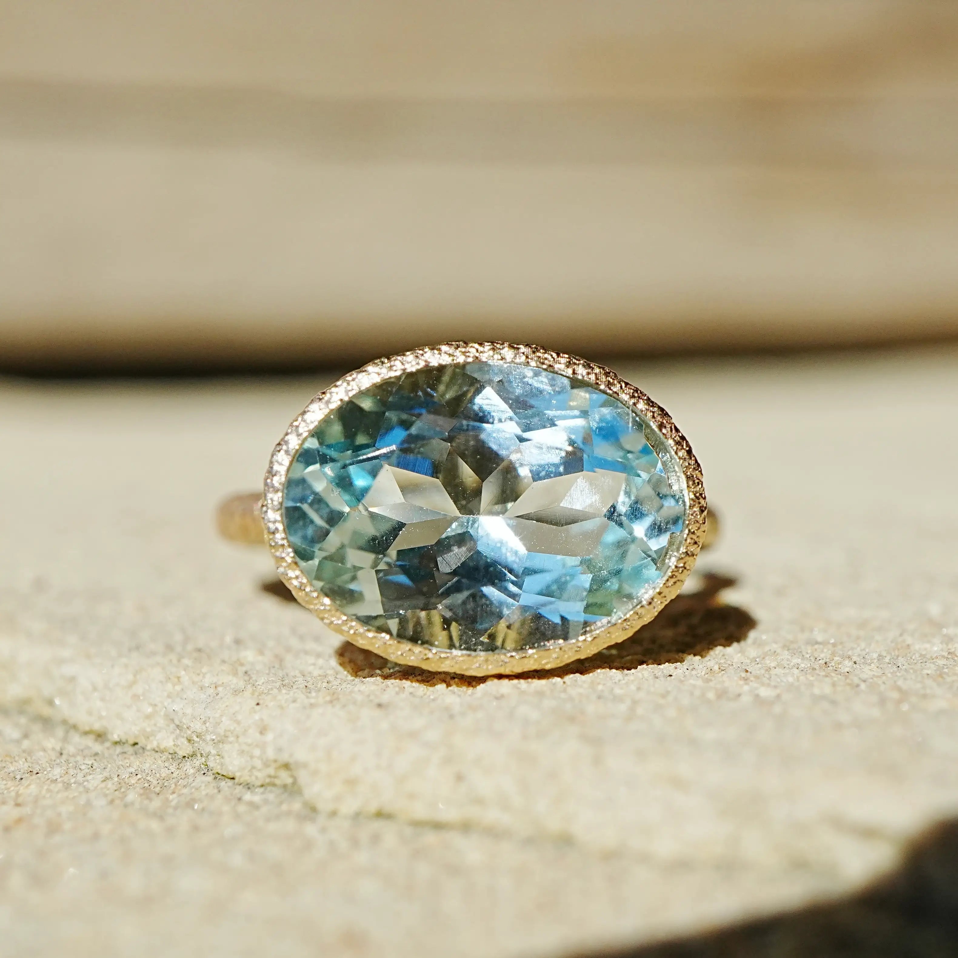 14k yellow gold Aria Arch 4.96ct AIGS Certified Natural Aquamarine East-West Ring (One-of-a-Kind) size 7