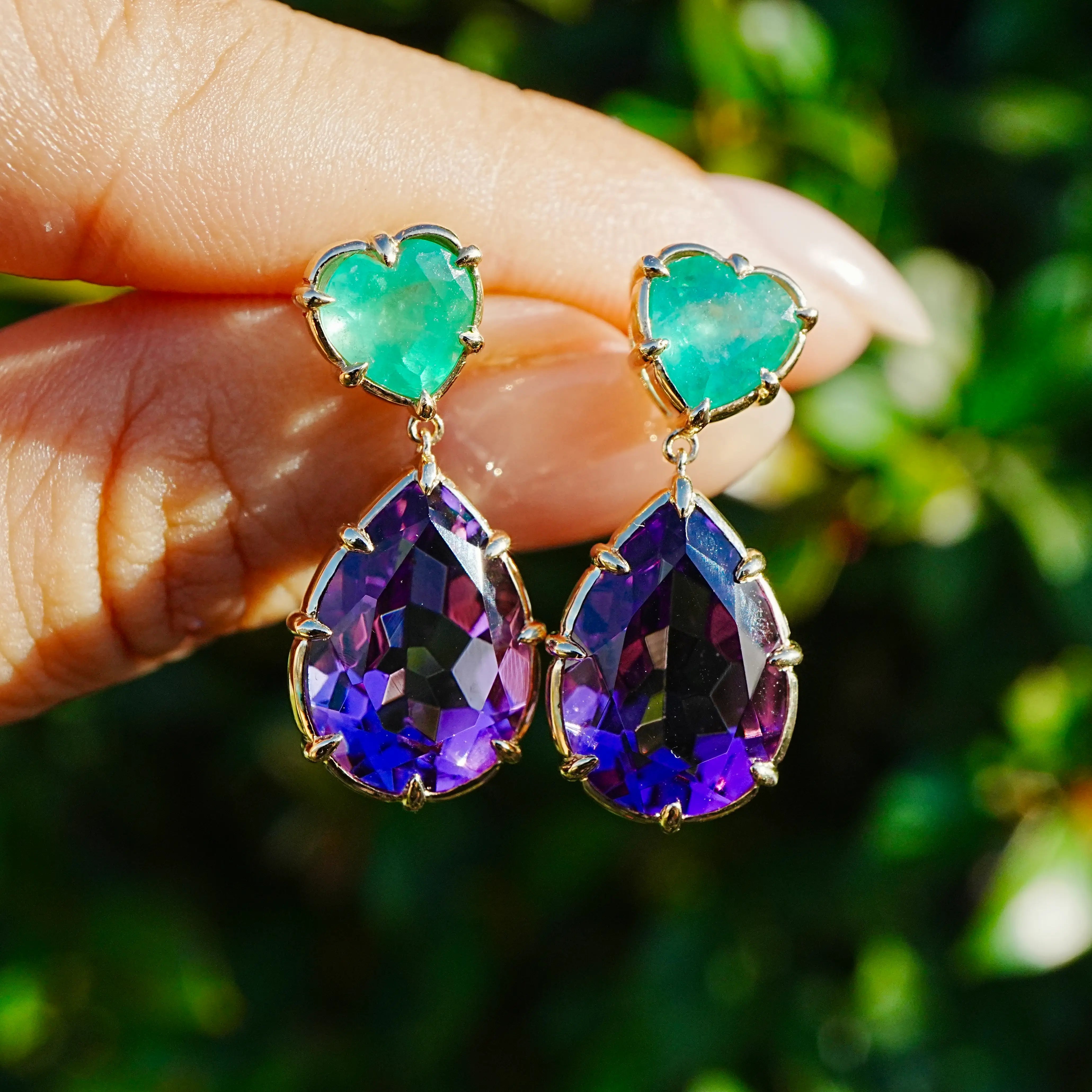 14k yellow gold Aurea 12.47 ctw Natural Emerald & Amethyst Drop Earrings (One-of-a-Kind)