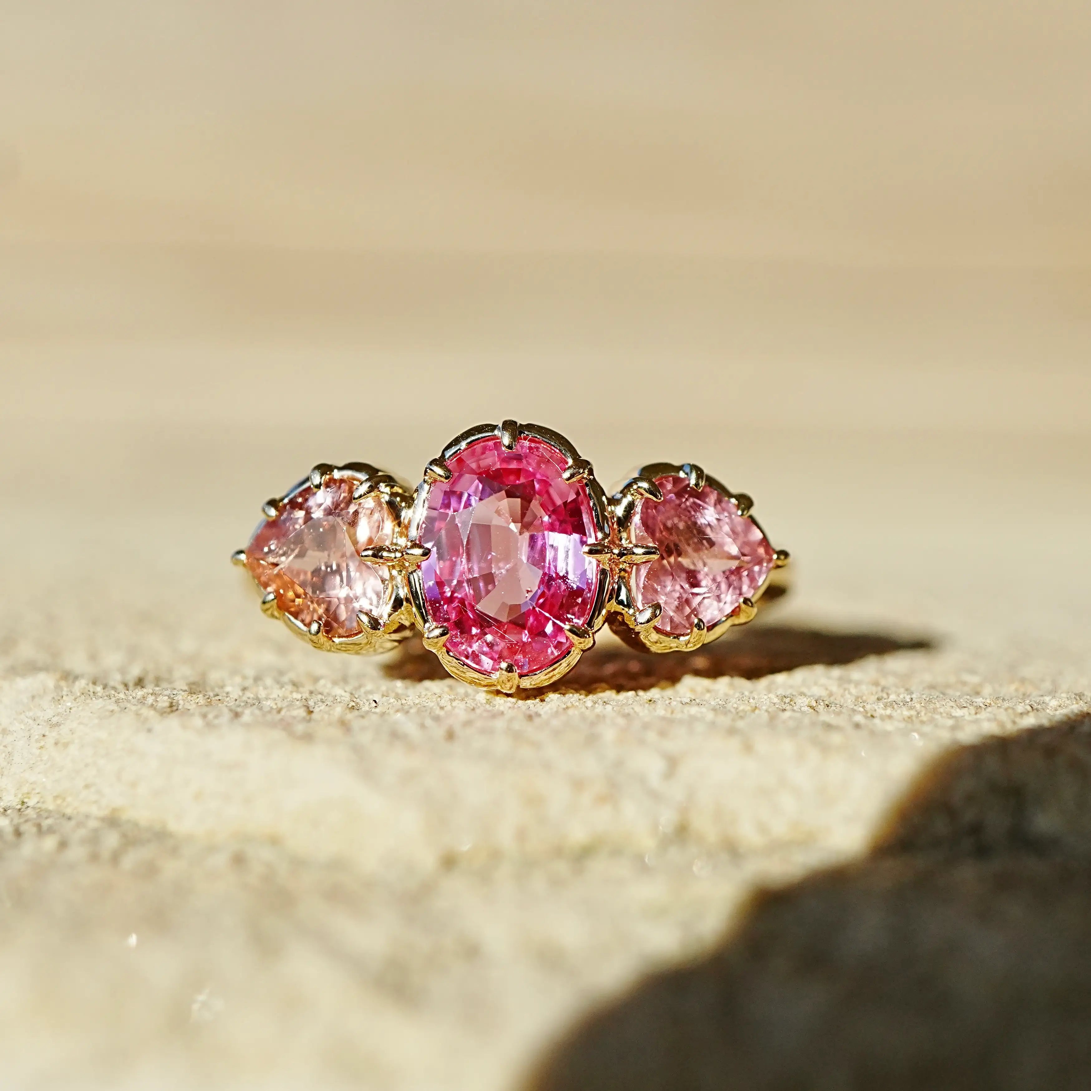 14k yellow gold Aurea 2.06 ctw Natural Pink Sapphire & Tourmaline Three-Stone Ring (One-of-a-Kind)