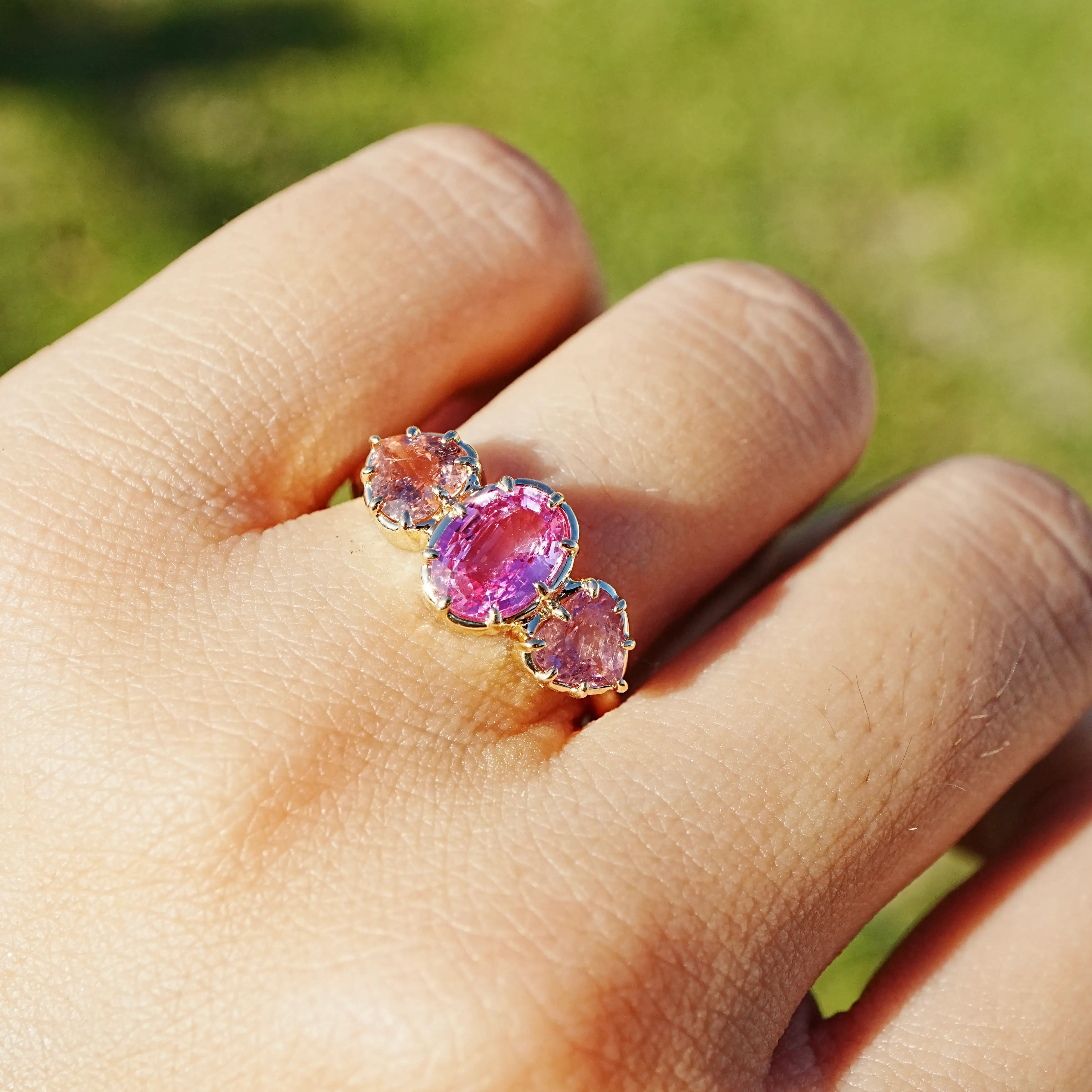 14k yellow gold Aurea 2.06 ctw Natural Pink Sapphire & Tourmaline Three-Stone Ring (One-of-a-Kind)