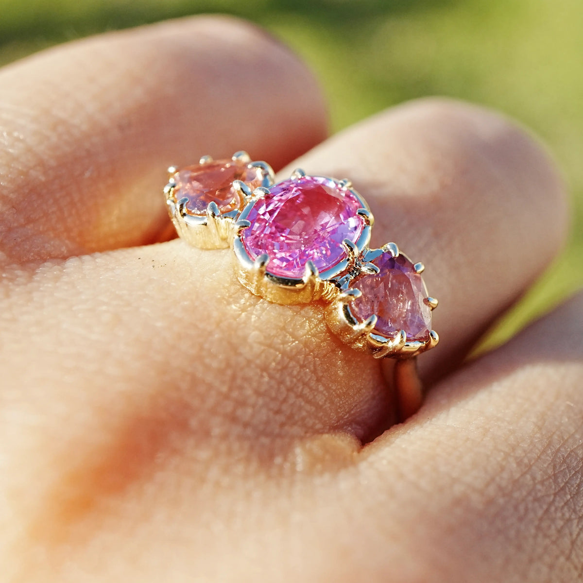 14k yellow gold Aurea 2.06 ctw Natural Pink Sapphire & Tourmaline Three-Stone Ring (One-of-a-Kind)