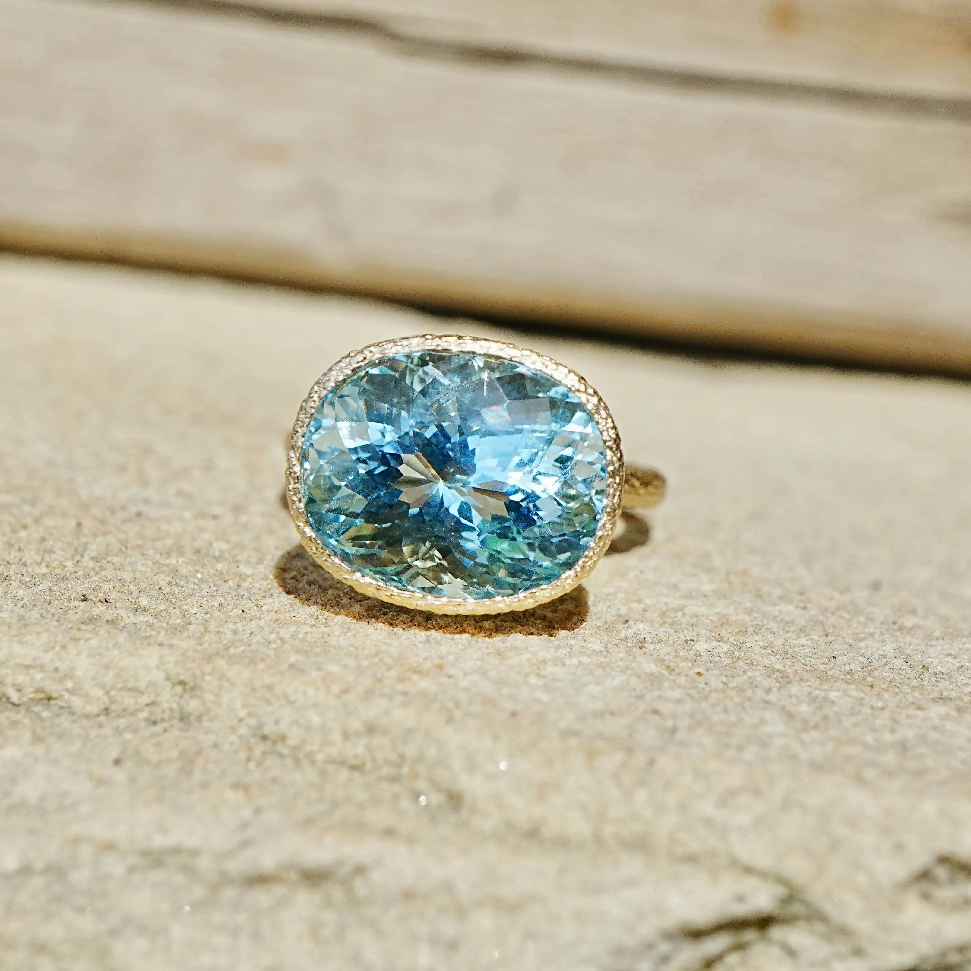 14k yellow gold Aria Arch 8.53 ct AIGS Certified Natural Aquamarine East-West Ring (One-of-a-Kind)
