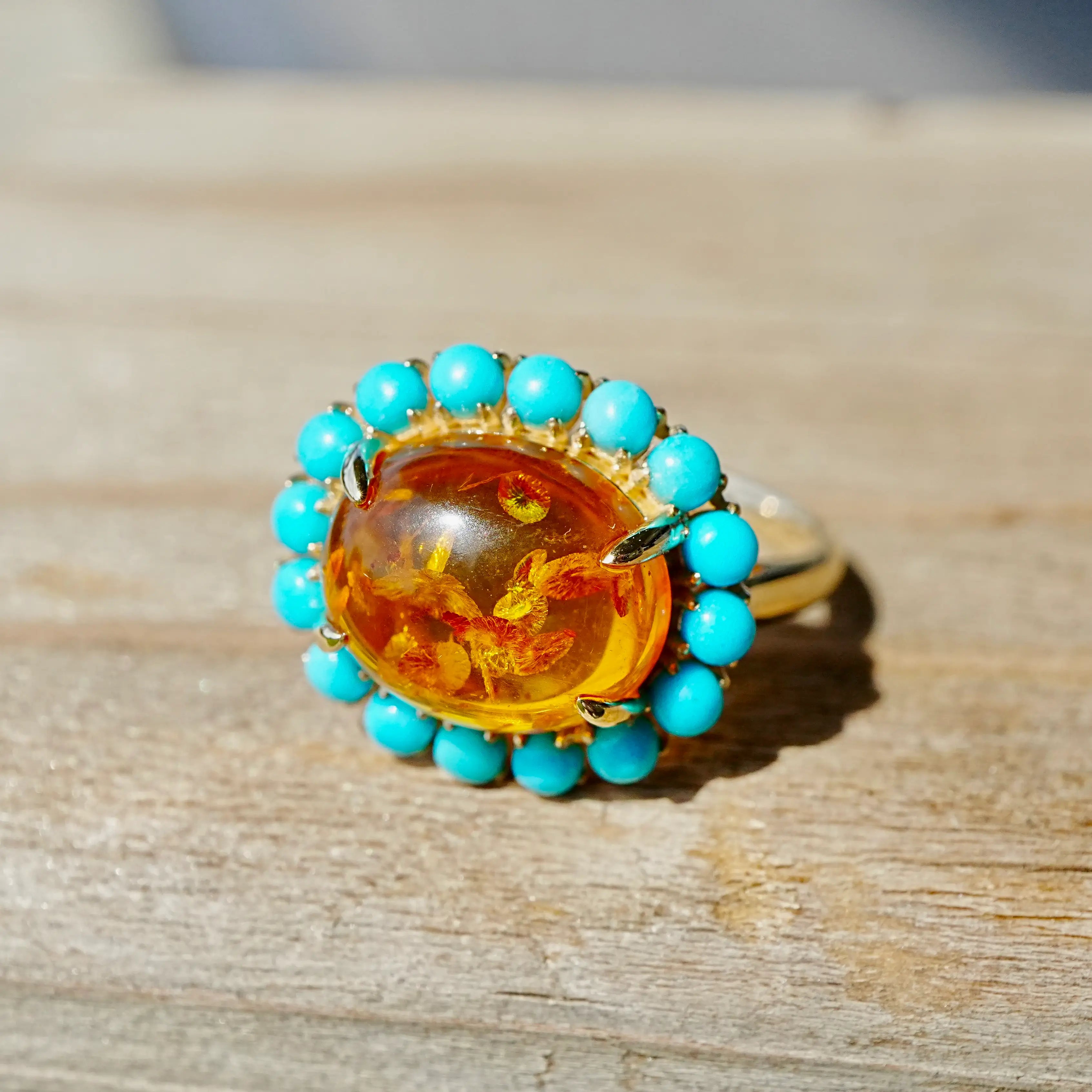 14k yellow gold Eden Halo 3.10 ctw Natural Amber & Turquoise East-West Ring (One-of-a-Kind)