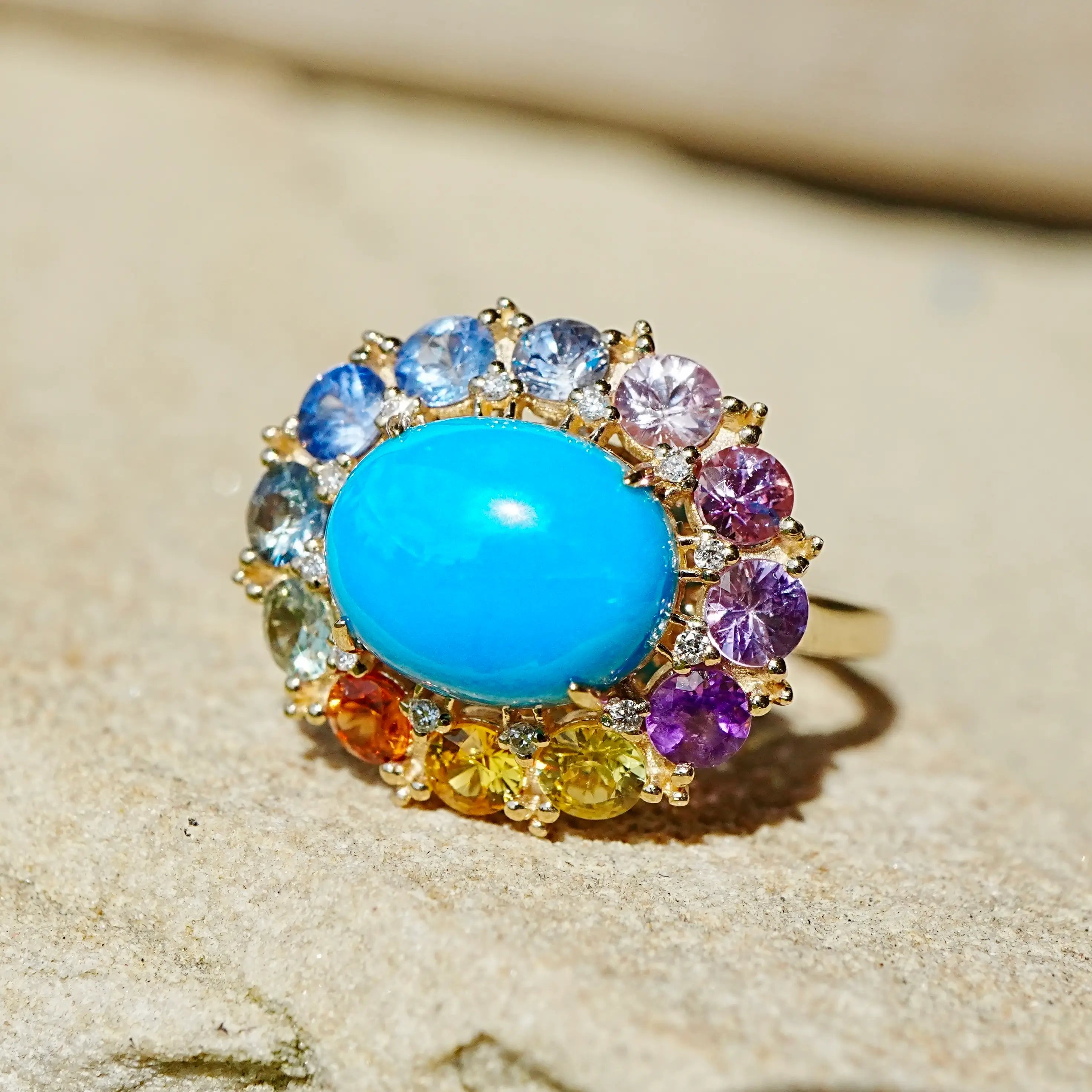 kai fine jewelry 14k yellow gold Belle Halo 4.81 ctw Natural Turquoise, Sapphire & Diamond East-West Ring (One-of-a-Kind)