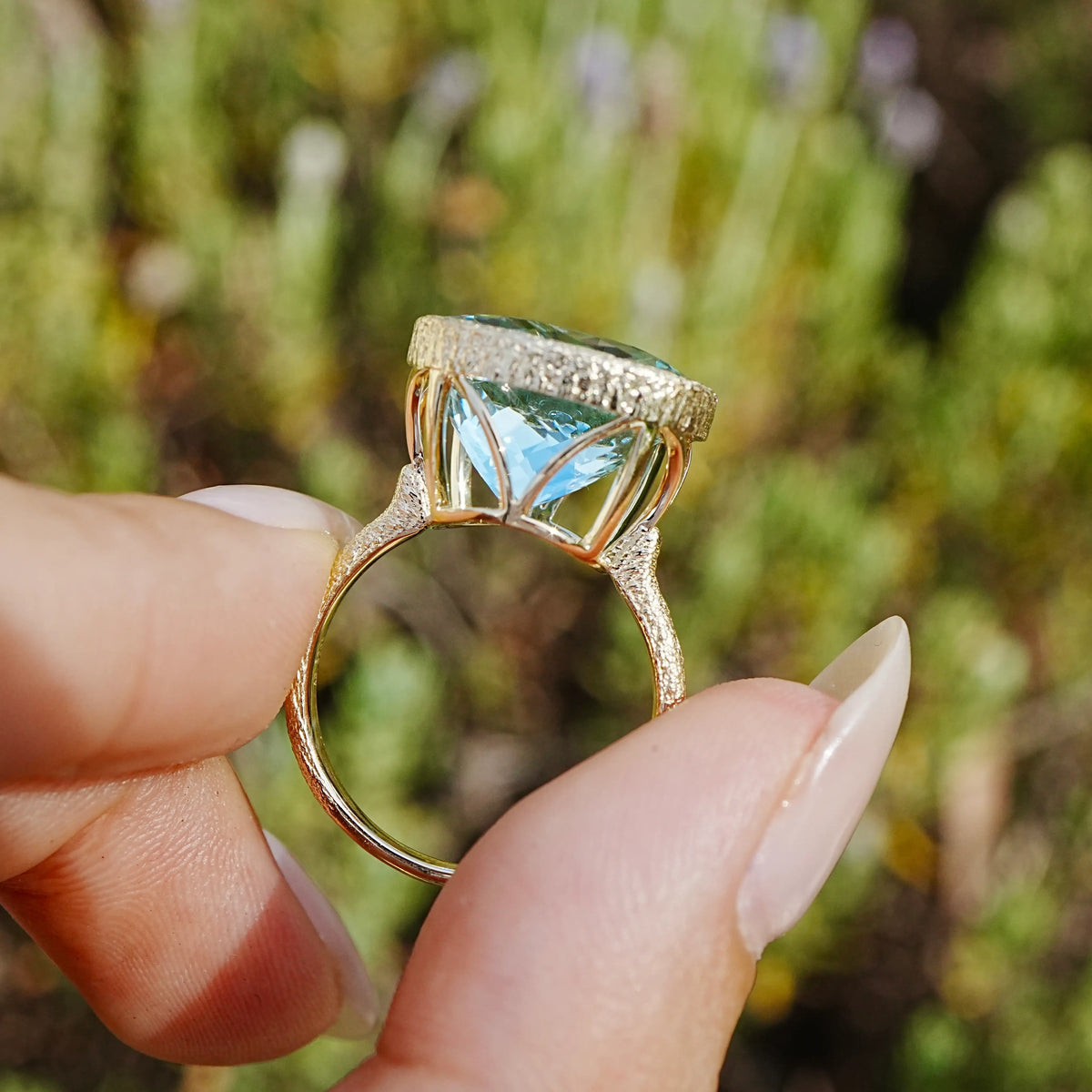 14k yellow gold Aria Arch 8.53 ct AIGS Certified Natural Aquamarine East-West Ring (One-of-a-Kind)