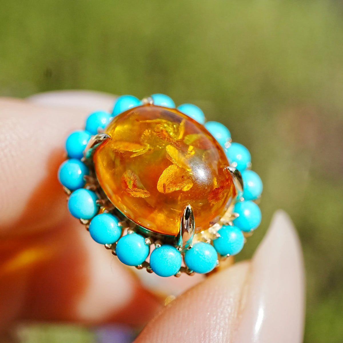 14k yellow gold Eden Halo 3.10 ctw Natural Amber & Turquoise East-West Ring (One-of-a-Kind)