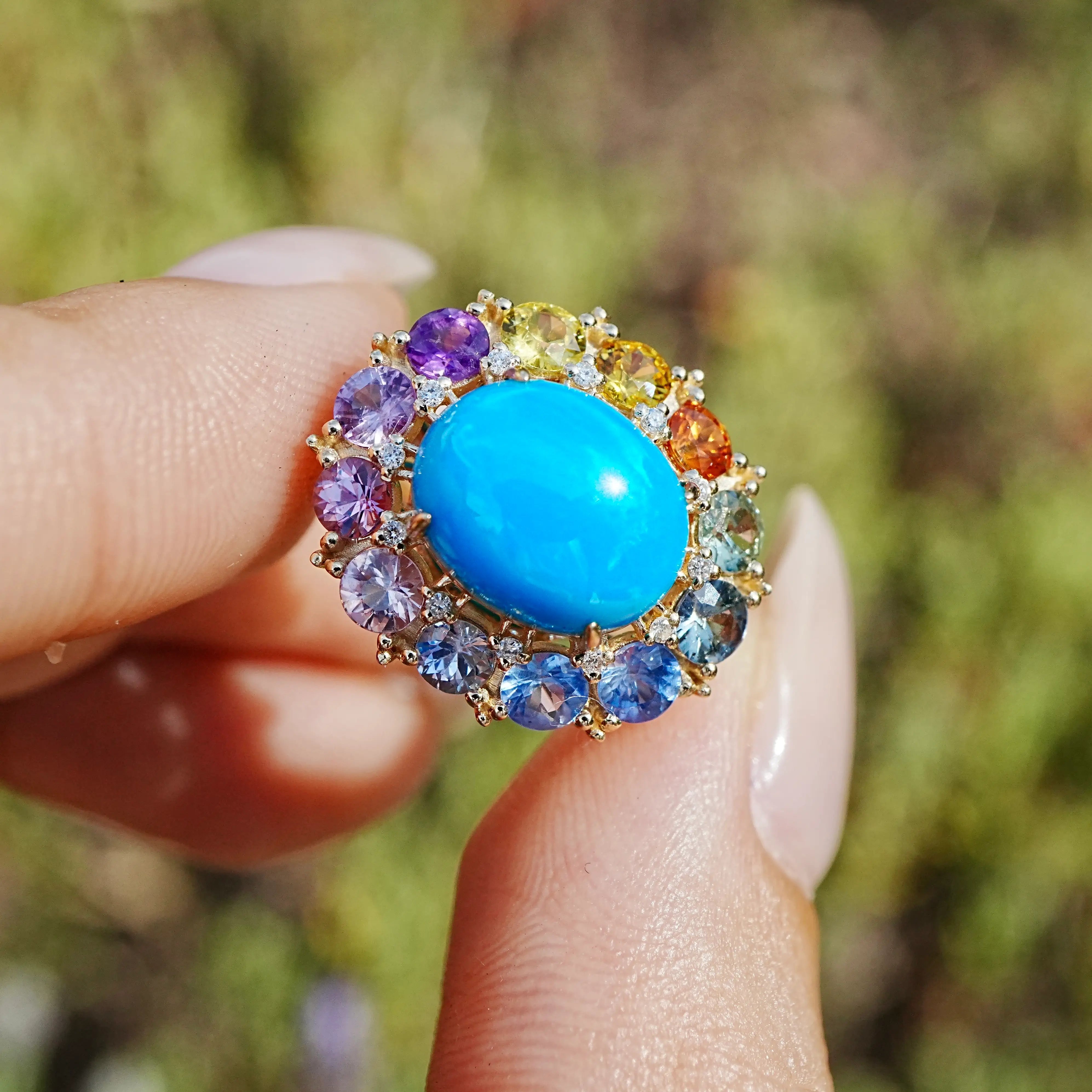 kai fine jewelry 14k yellow gold Belle Halo 4.81 ctw Natural Turquoise, Sapphire & Diamond East-West Ring (One-of-a-Kind)