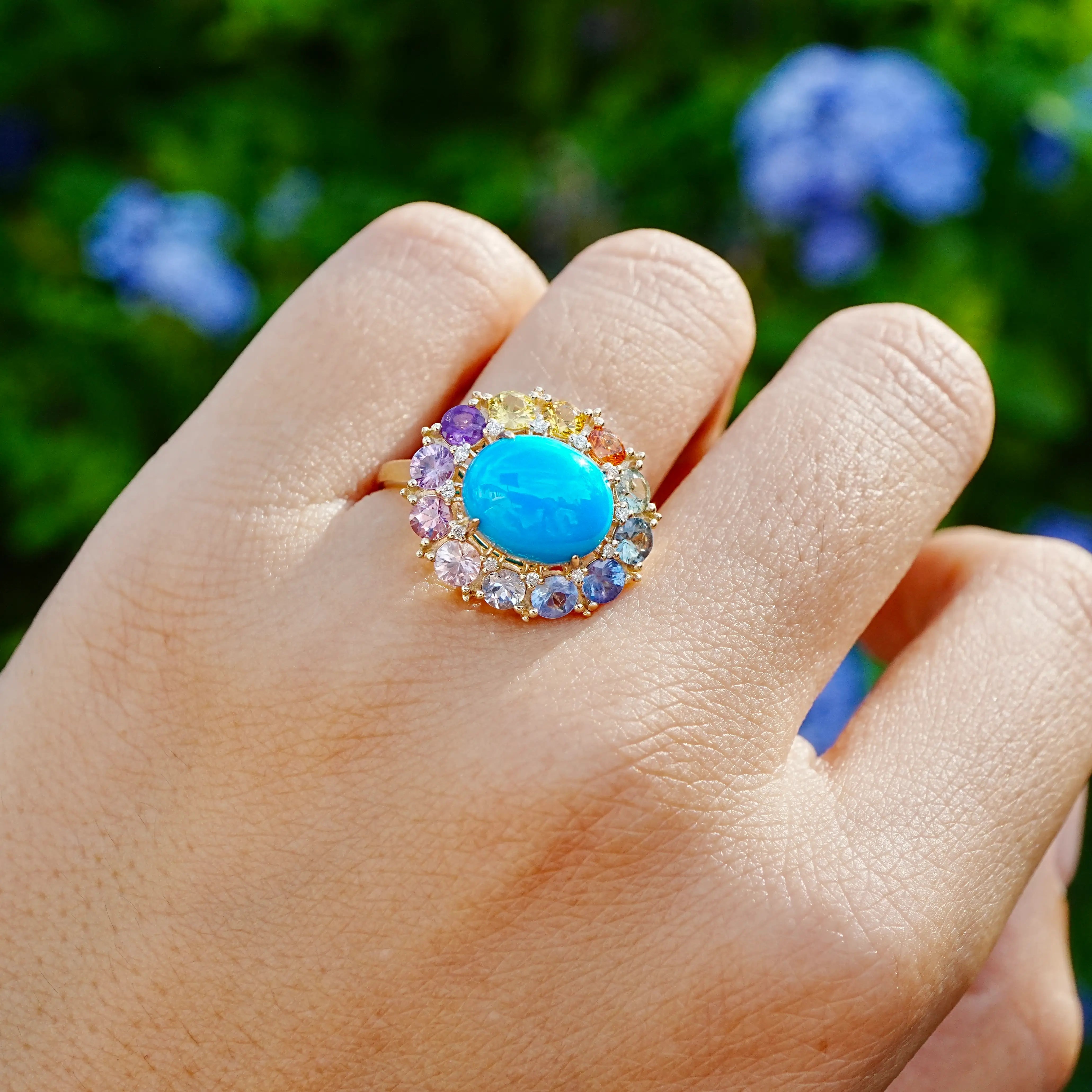 kai fine jewelry 14k yellow gold Belle Halo 4.81 ctw Natural Turquoise, Sapphire & Diamond East-West Ring (One-of-a-Kind)