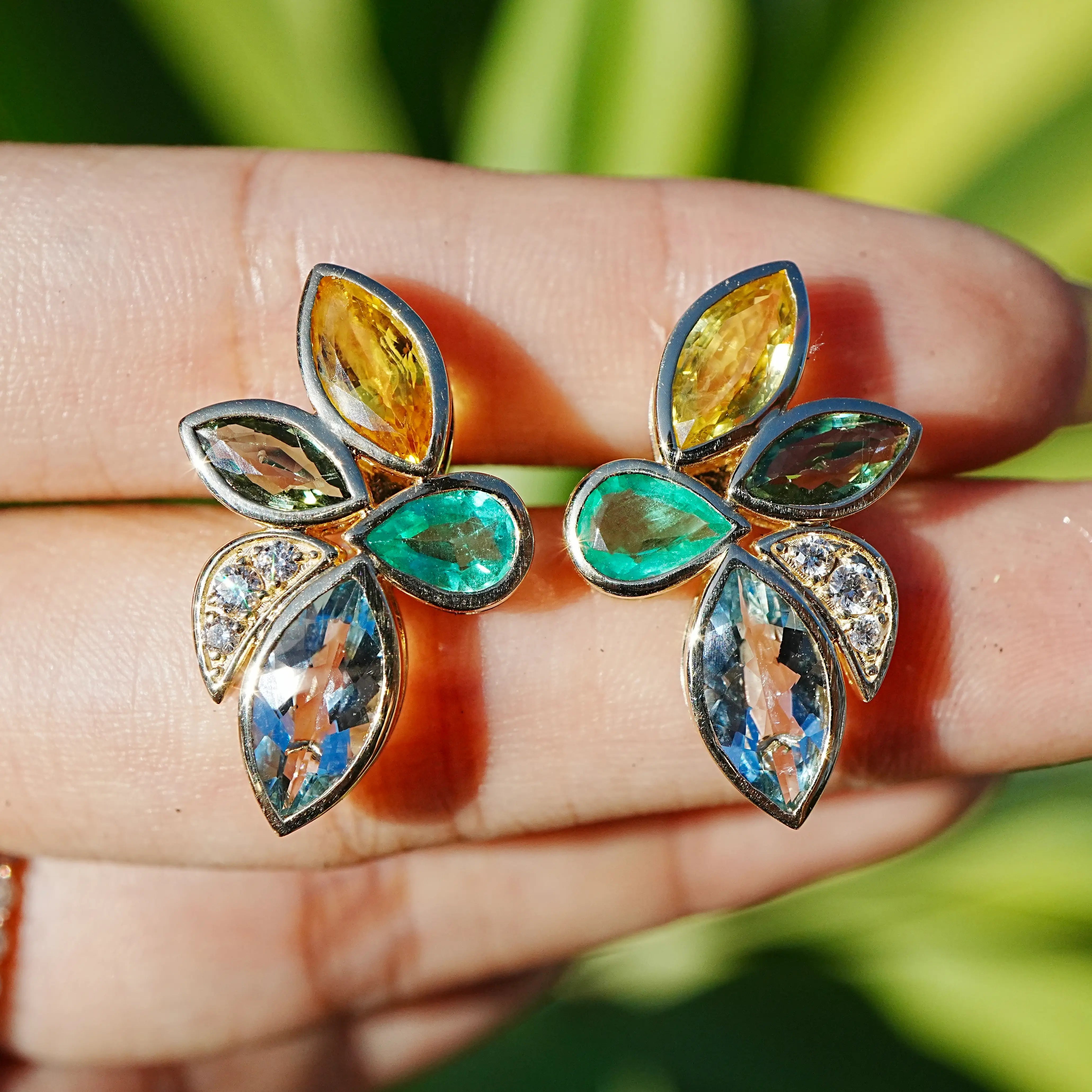Tropical Flower 6.10 ctw Natural Sapphire, Emerald, Aquamarine & Diamond Earrings (One-of-a-Kind)
