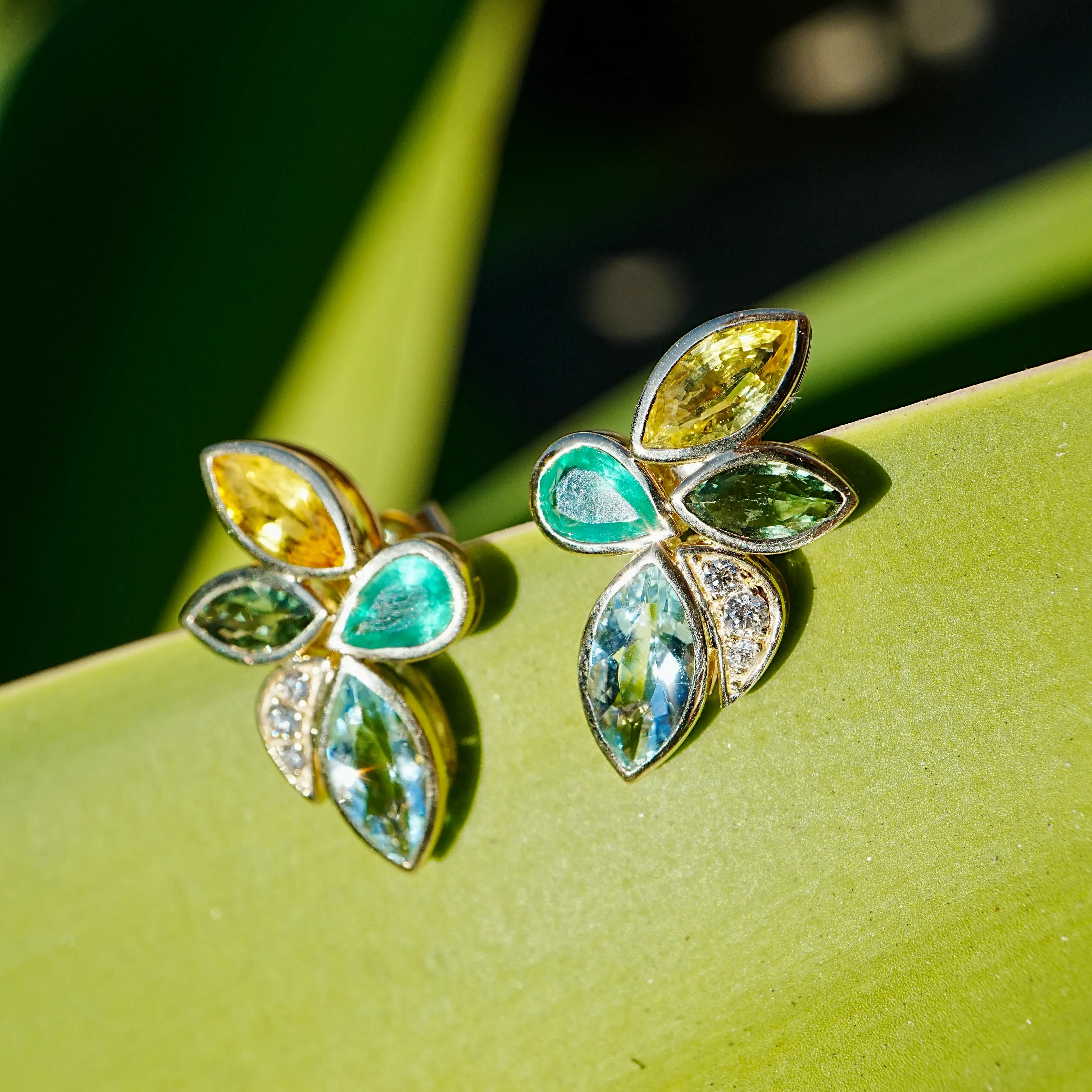 Tropical Flower 6.10 ctw Natural Sapphire, Emerald, Aquamarine & Diamond Earrings (One-of-a-Kind)