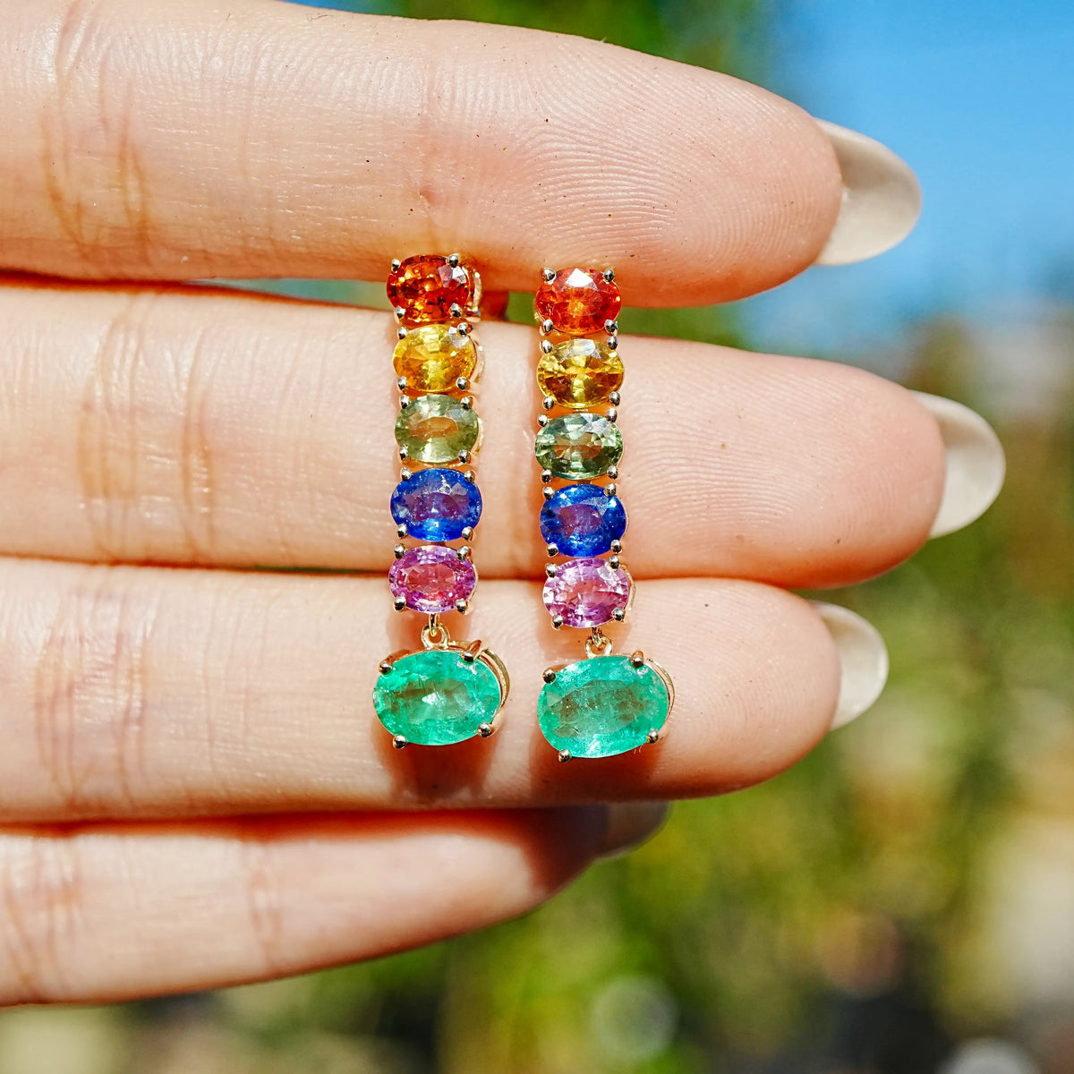 Garden Melody 5.16 ctw Natural Emerald & Rainbow Sapphire Drop Earrings (One-of-a-Kind)