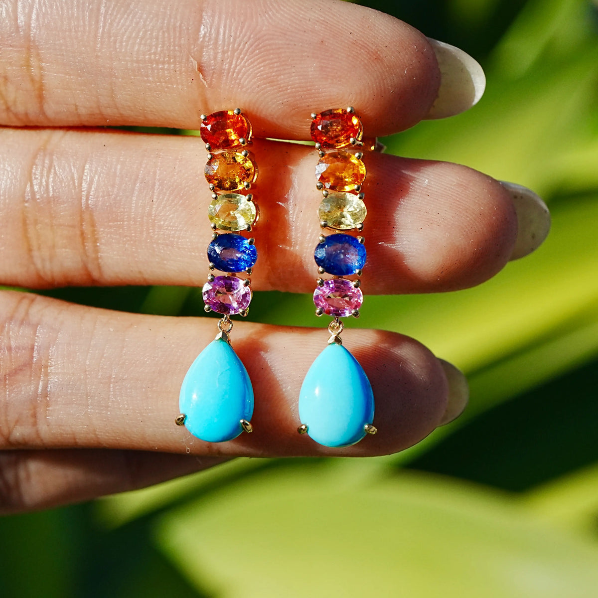 Garden Melody 7.10 ctw Natural Turquoise & Rainbow Sapphire Drop Earrings (One-of-a-Kind)