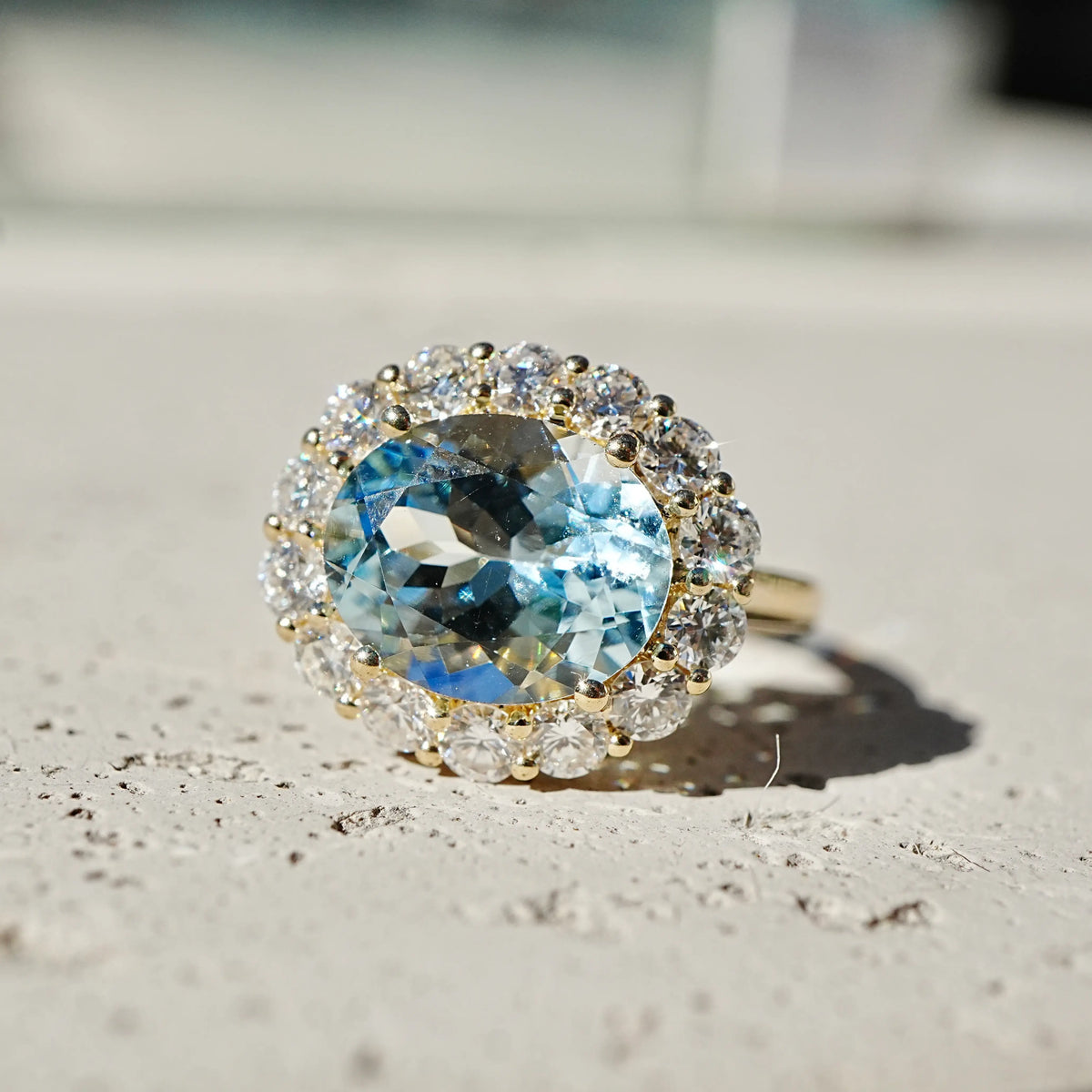 Eden Halo 4.34 ctw AIGS Certified Natural Aquamarine & Lab Diamond East-West Ring (One-of-a-Kind)
