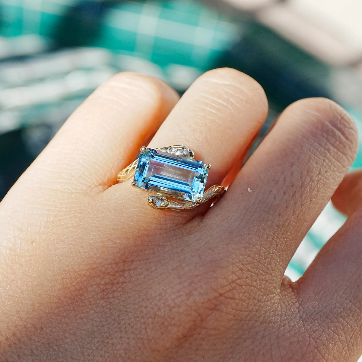 Snake Protection 3.26 ctw Natural Aquamarine & Diamond East-West Ring (One-of-a-Kind)