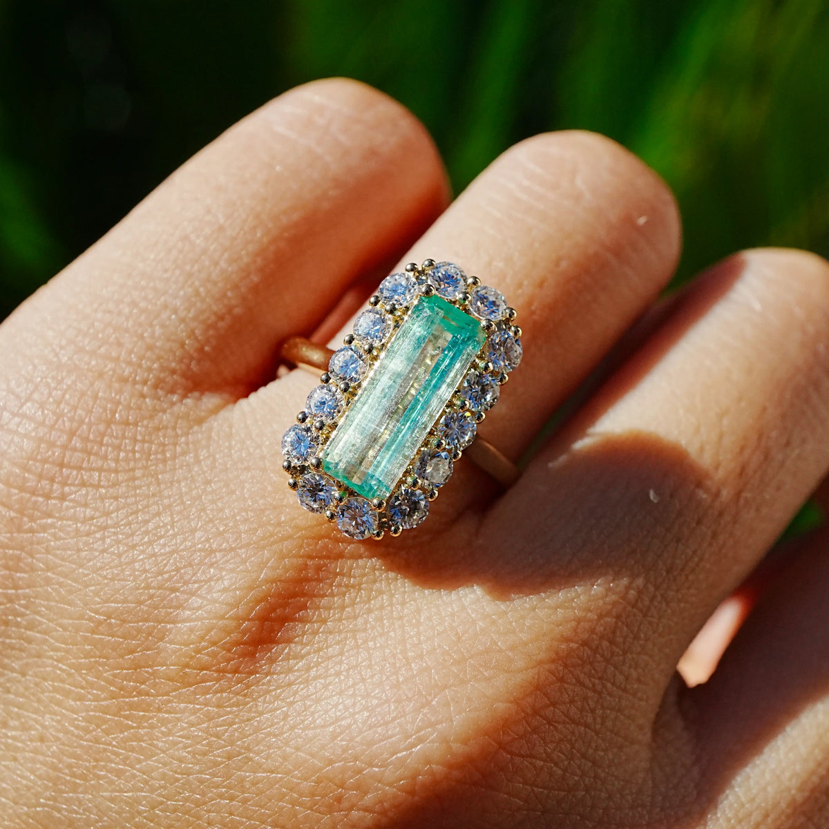 Eden Halo 3.69 ctw Natural Vanadium Beryl & Lab Diamond Ring (One-of-a-Kind)