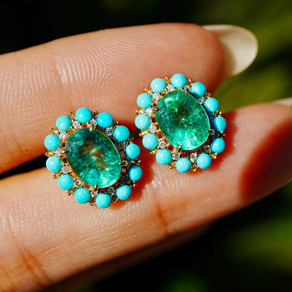 (SOLD) Belle Halo 3.41 ctw AIGS Certified Natural Emerald, Turquoise & Diamond Earrings (One-of-a-Kind)