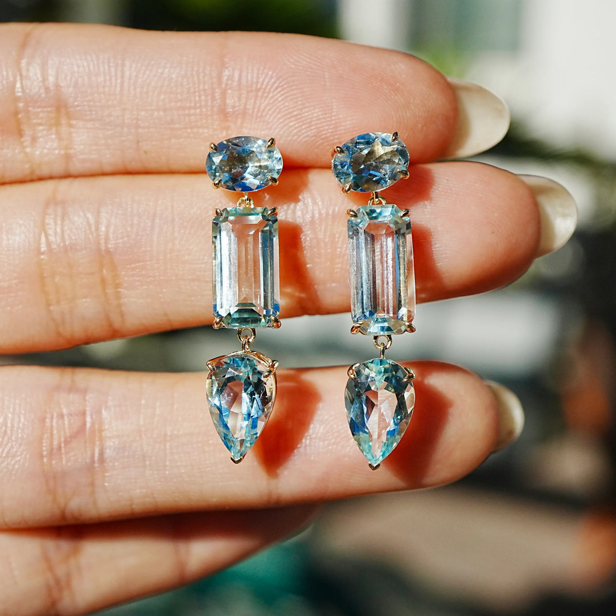 14k yellow gold Garden Melody 8.50 ctw Natural Aquamarine Drop Earrings (One-of-a-Kind)