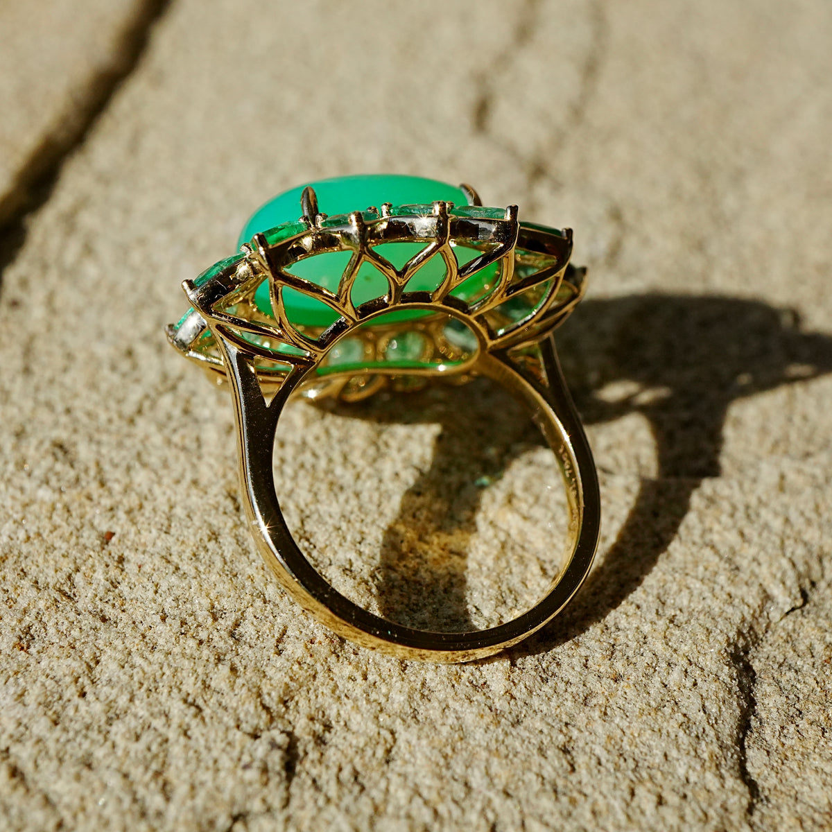 14k yellow gold Bloom Halo 8.49 ctw Natural Australian Chrysoprase & Emerald East-West Ring (One-of-a-Kind)