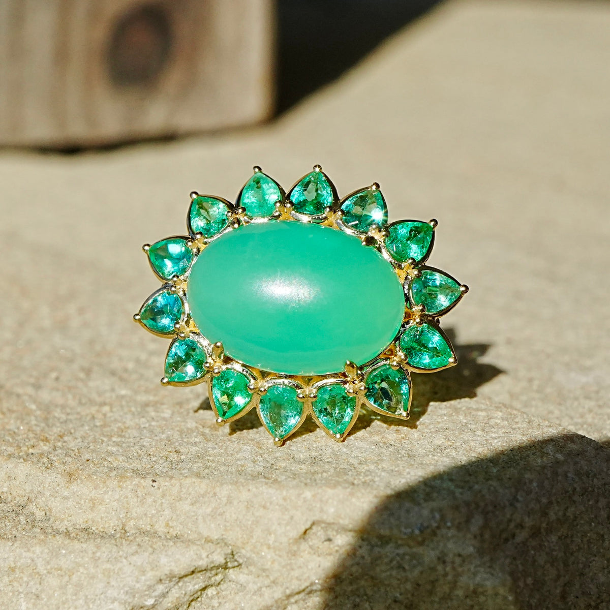 14k yellow gold Bloom Halo 8.49 ctw Natural Australian Chrysoprase & Emerald East-West Ring (One-of-a-Kind)