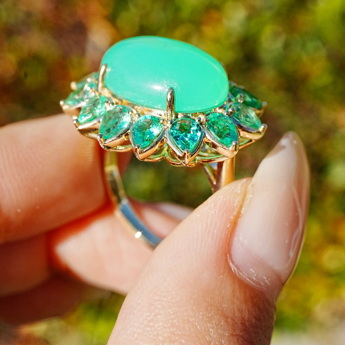 14k yellow gold Bloom Halo 8.49 ctw Natural Australian Chrysoprase & Emerald East-West Ring (One-of-a-Kind)