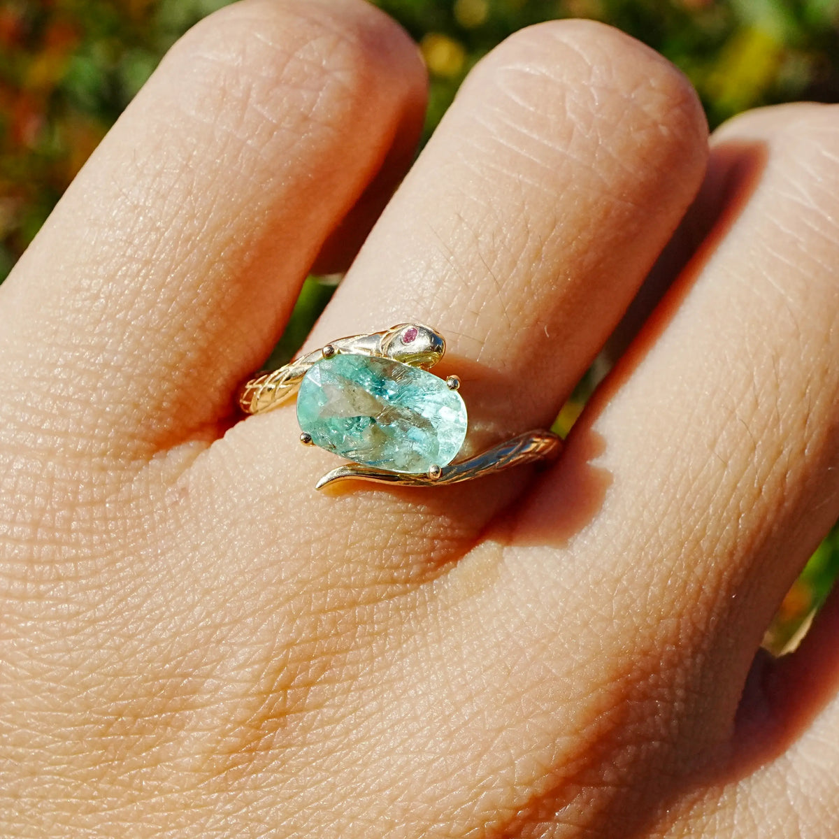 14k yellow gold Snake Protection 1.77 ctw AIGS Certified Natural Paraiba Tourmaline & Pink Sapphire East-West Ring (One-of-a-Kind)