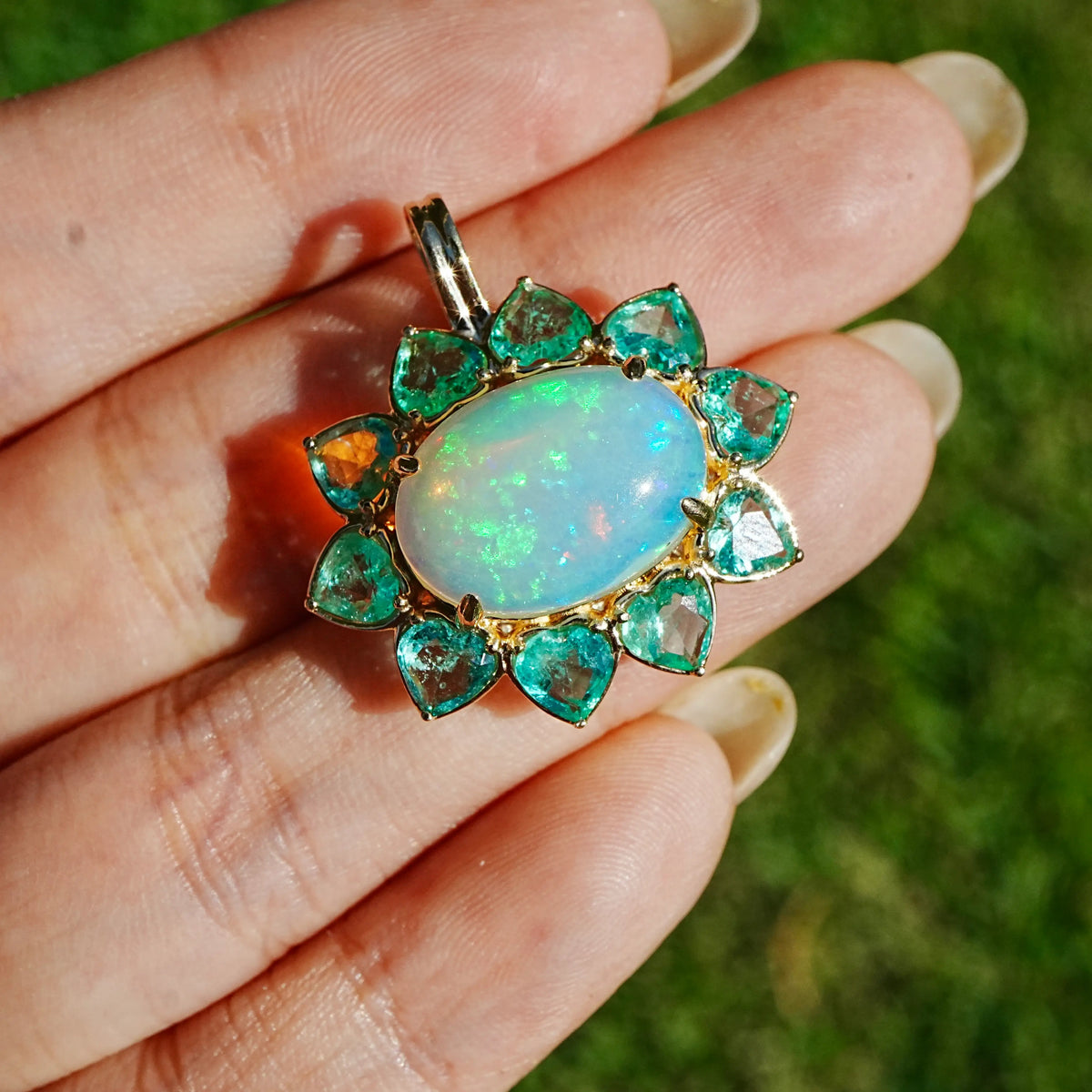 Bloom Halo 6.71 ctw Natural Opal & Emerald Diamond Heart Lock Paperclip Chain Necklace (One-of-a-Kind)