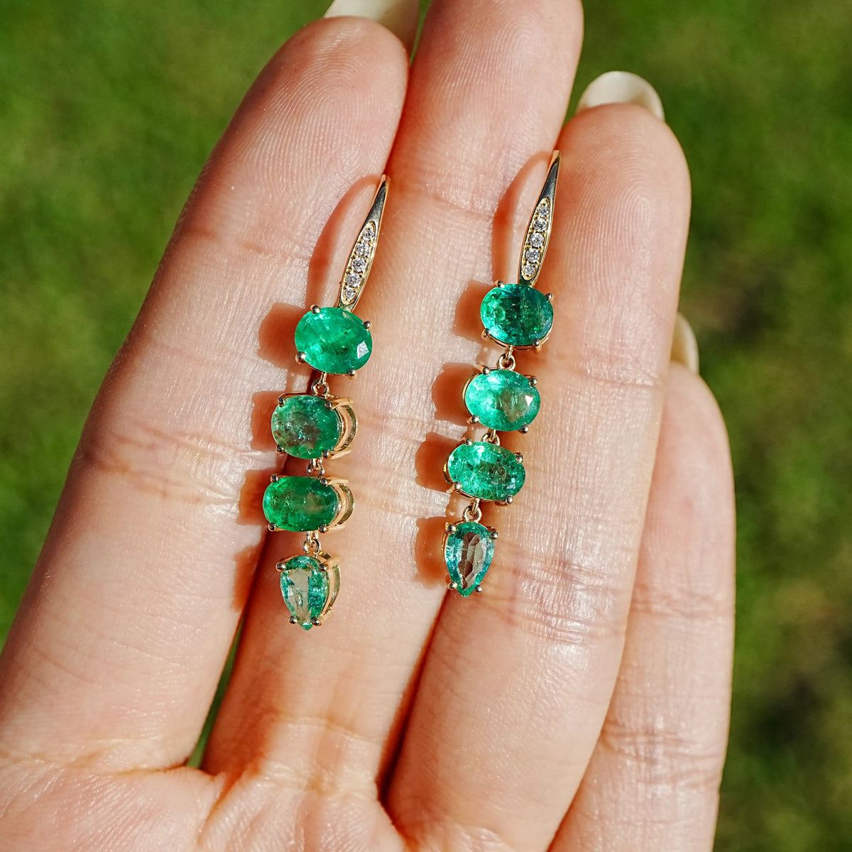 Garden Melody 3.80 ctw Natural Emerald & Diamond Lever-Back Drop Earrings (One-of-a-Kind)
