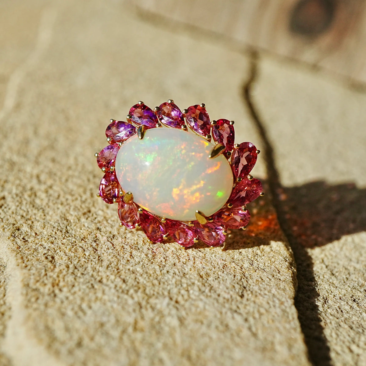Sunlight Halo 7.03 ctw Natural Opal & Pink Tourmaline East-West Ring (One-of-a-Kind)