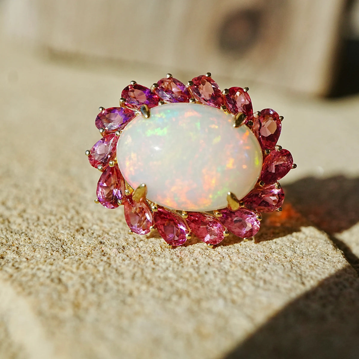 Sunlight Halo 7.03 ctw Natural Opal & Pink Tourmaline East-West Ring (One-of-a-Kind)