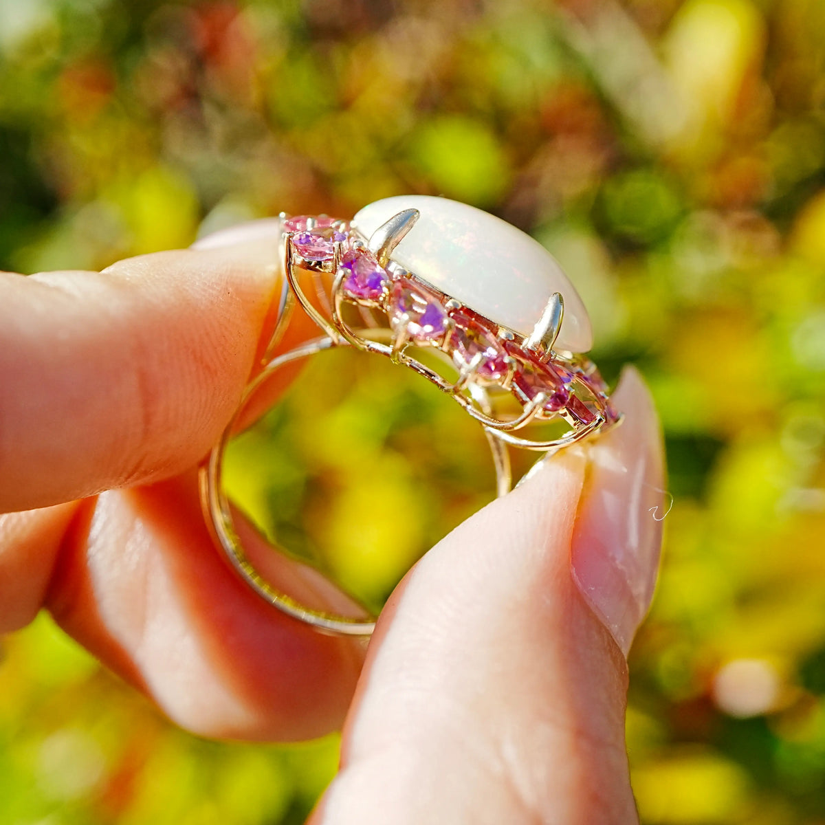 Sunlight Halo 7.03 ctw Natural Opal & Pink Tourmaline East-West Ring (One-of-a-Kind)