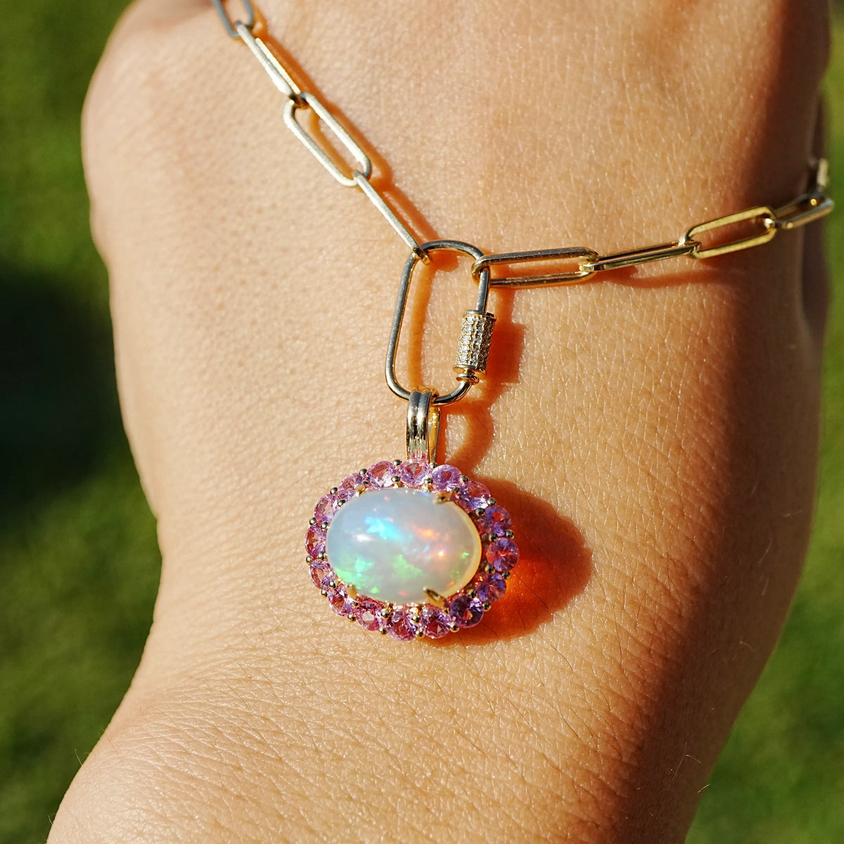 14k yellow gold Eden Halo 4.12 ctw Natural Opal & Pink Sapphire Diamond Lock Paperclip Chain Necklace (One-of-a-Kind)