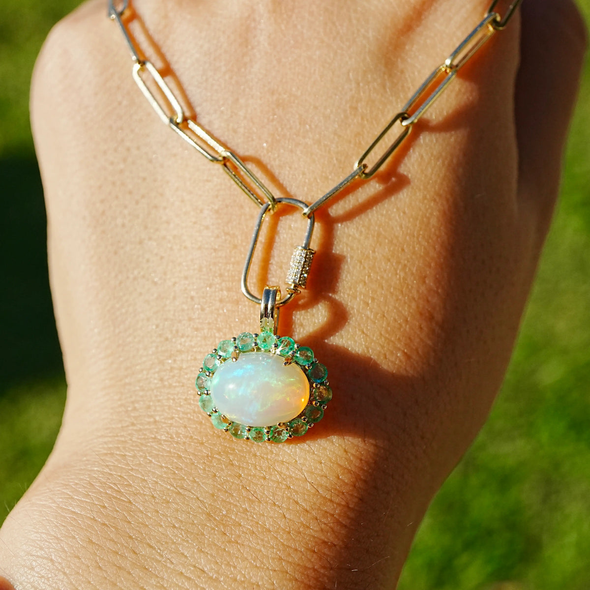 14k yellow gold Eden Halo 5.17 ctw Natural Opal & Emerald Diamond Lock Paperclip Chain Necklace (One-of-a-Kind)