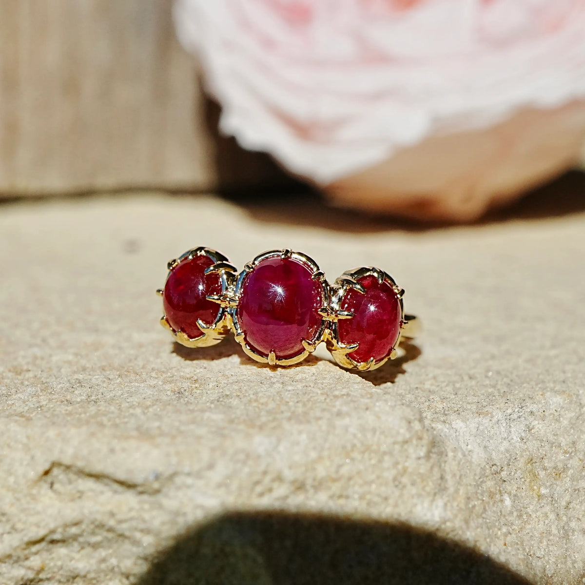 14k yellow gold Aurea 3.46ct Natural Ruby Three-Stone Ring (One-of-a-Kind)