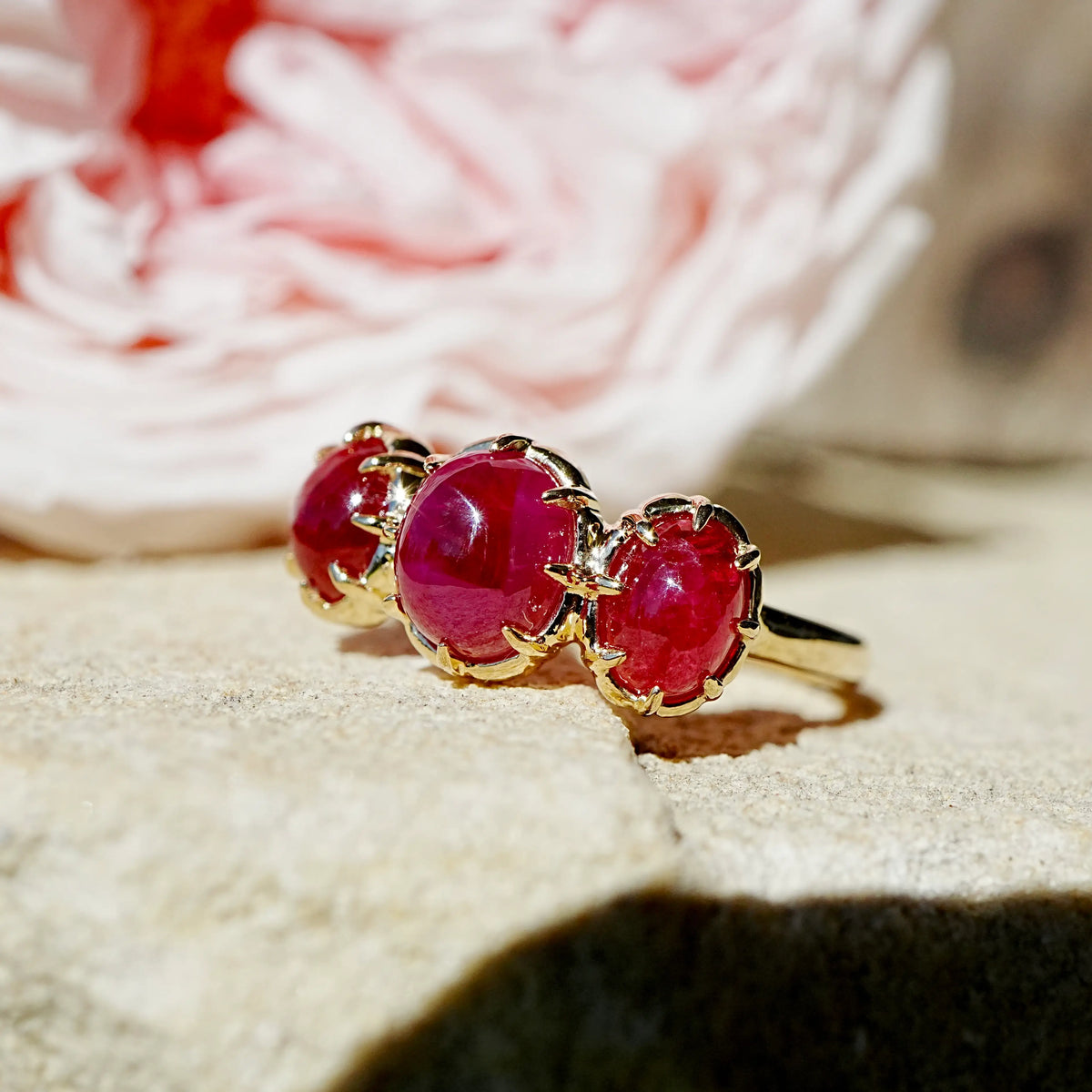 14k yellow gold Aurea 3.46ct Natural Ruby Three-Stone Ring (One-of-a-Kind)