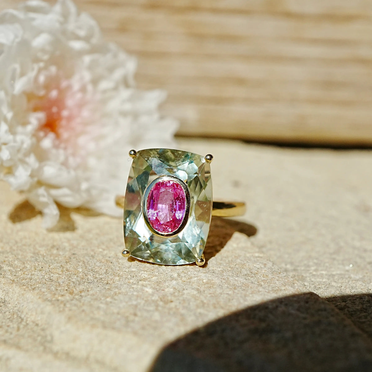 14k solid yellow gold Inner Light 10.90 ctw Natural Prasiolite & Pink Sapphire Ring (One-of-a-Kind)