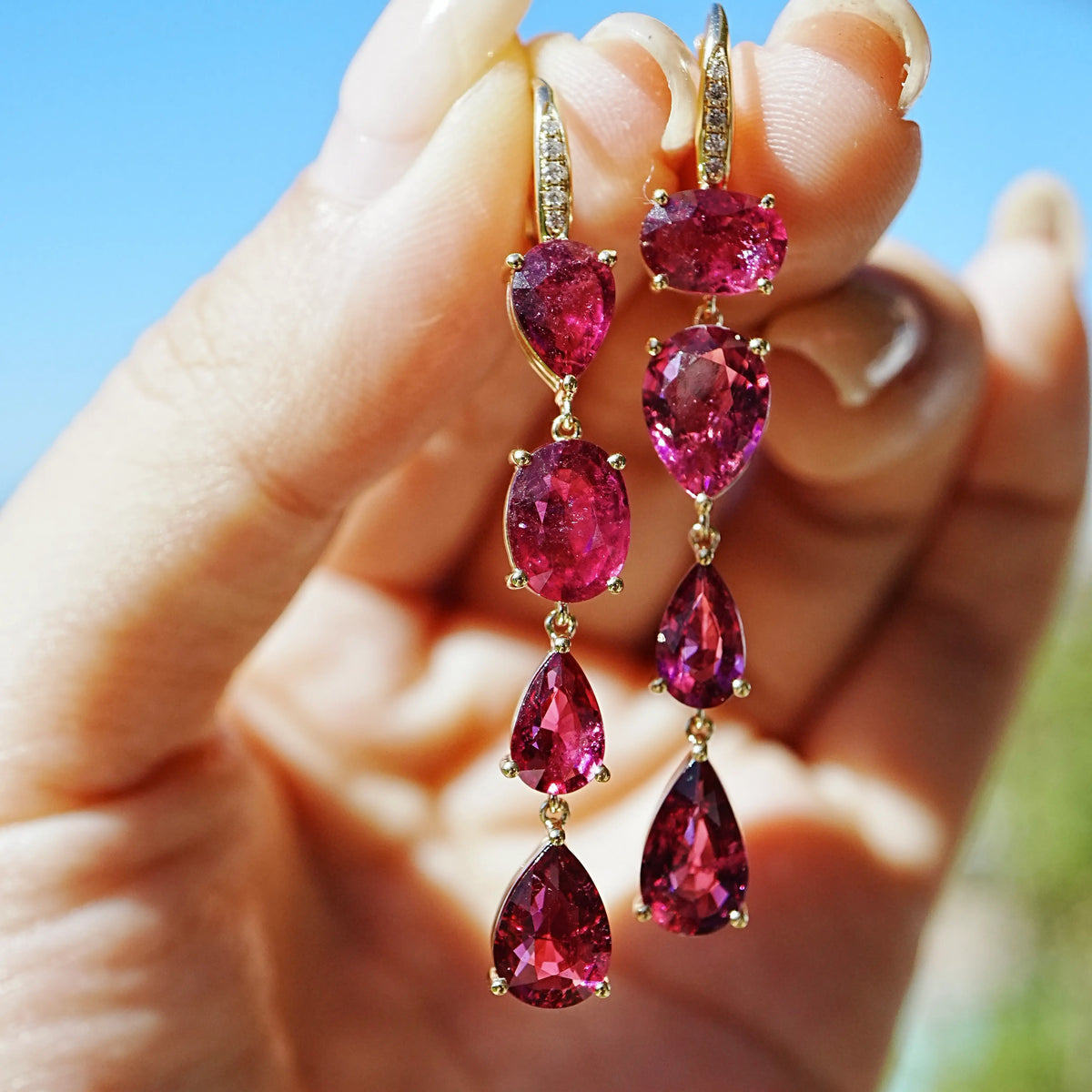 14k solid yellow gold Garden Melody 8.95 ctw Natural Rubellite & Diamond Lever-Back Earrings (One-of-a-Kind)