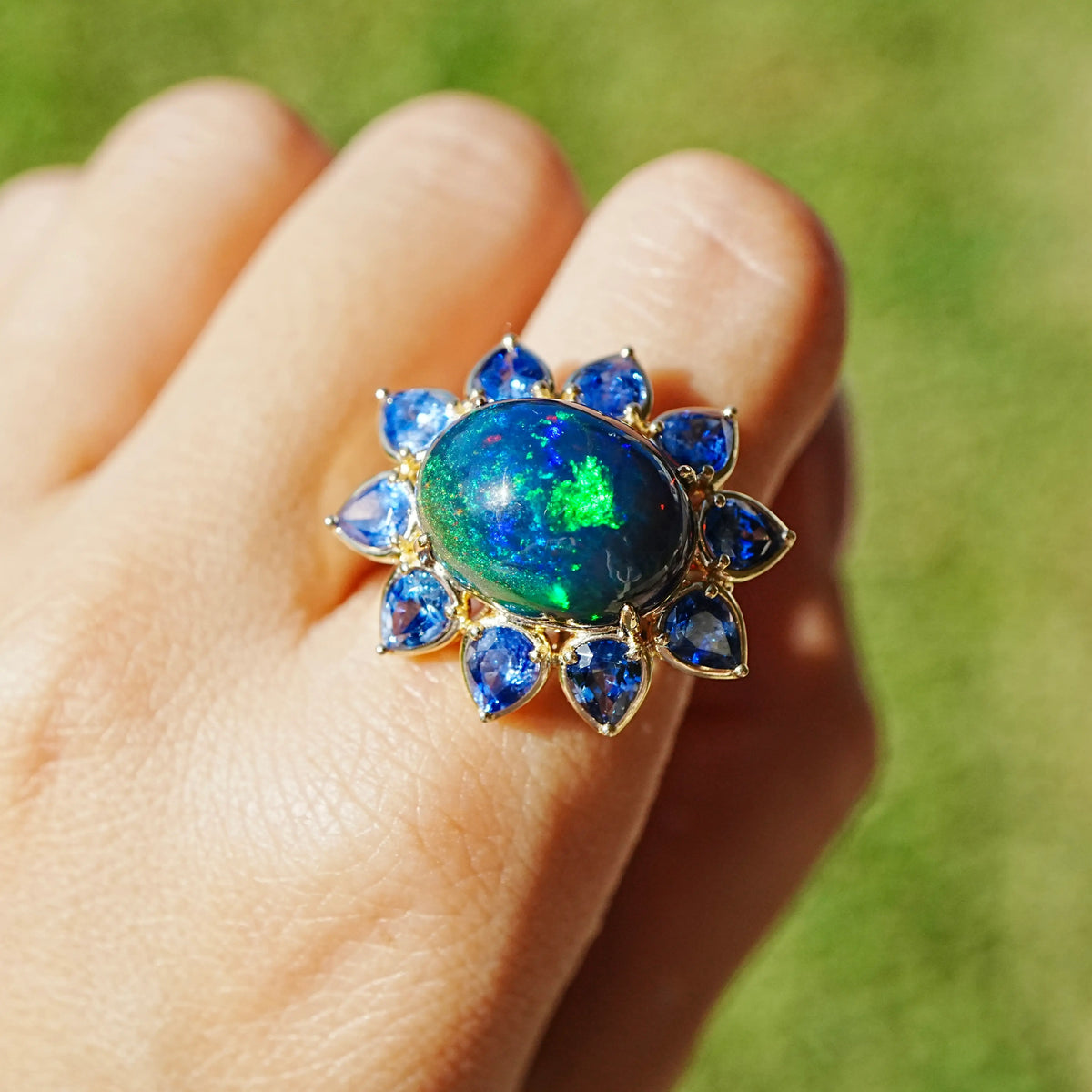 14k yellow gold Bloom Halo 9.69 ctw Natural Opal & Sapphire East-West Ring (One-of-a-Kind)