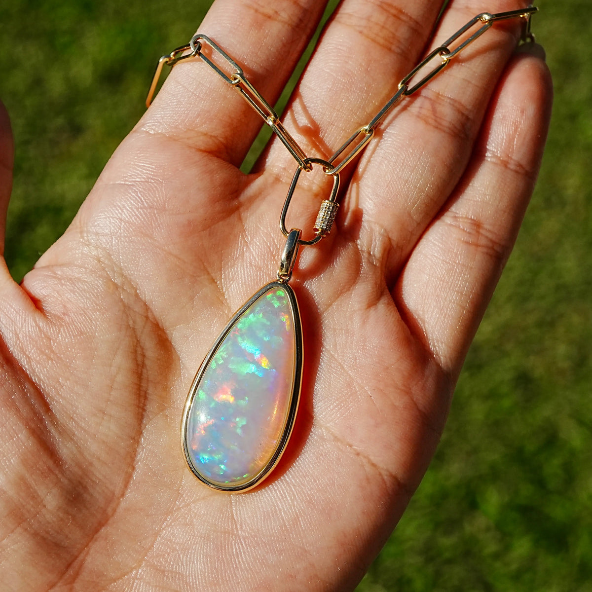 14k yellow gold Vivid Glance 11.15 ctw Natural Opal Diamond Lock Paperclip Chain Necklace (One-of-a-Kind)