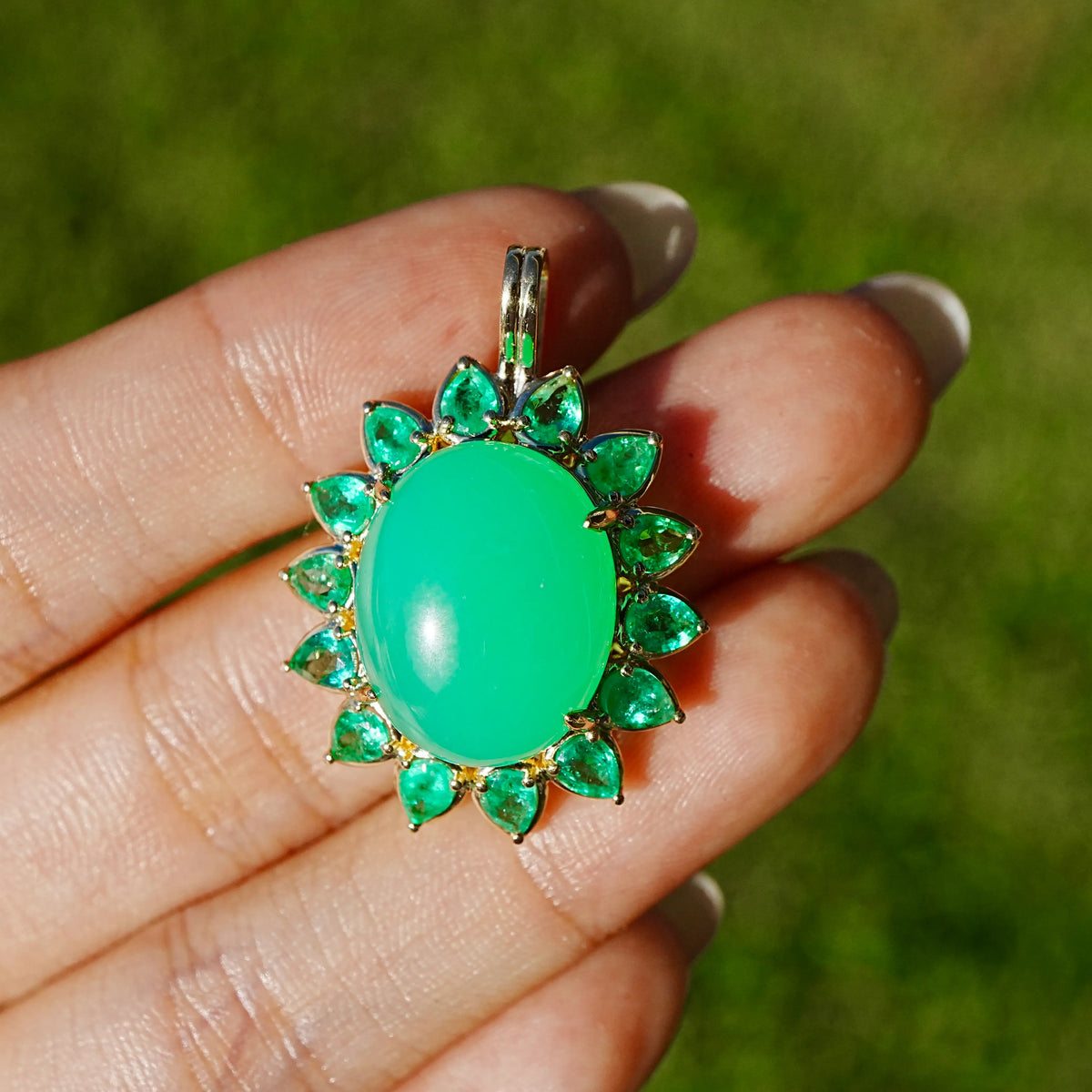 14k yellow gold Bloom Halo 13.02 ctw Natural Australian Chrysoprase & Emerald Diamond Lock Paperclip Chain Necklace (One-of-a-Kind)