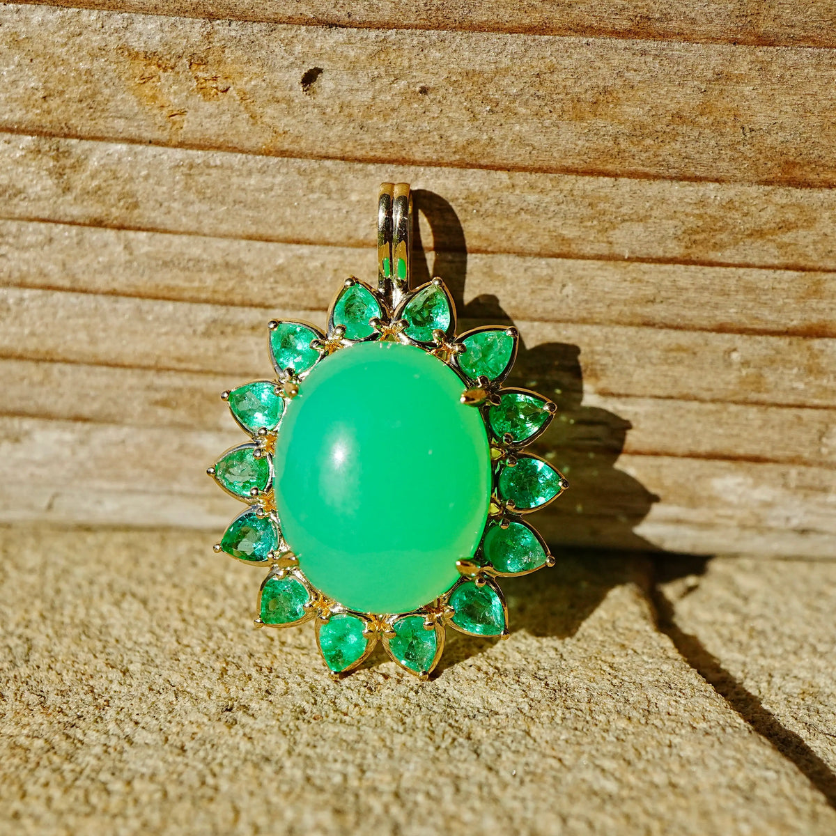 14k yellow gold Bloom Halo 13.02 ctw Natural Australian Chrysoprase & Emerald Diamond Lock Paperclip Chain Necklace (One-of-a-Kind)