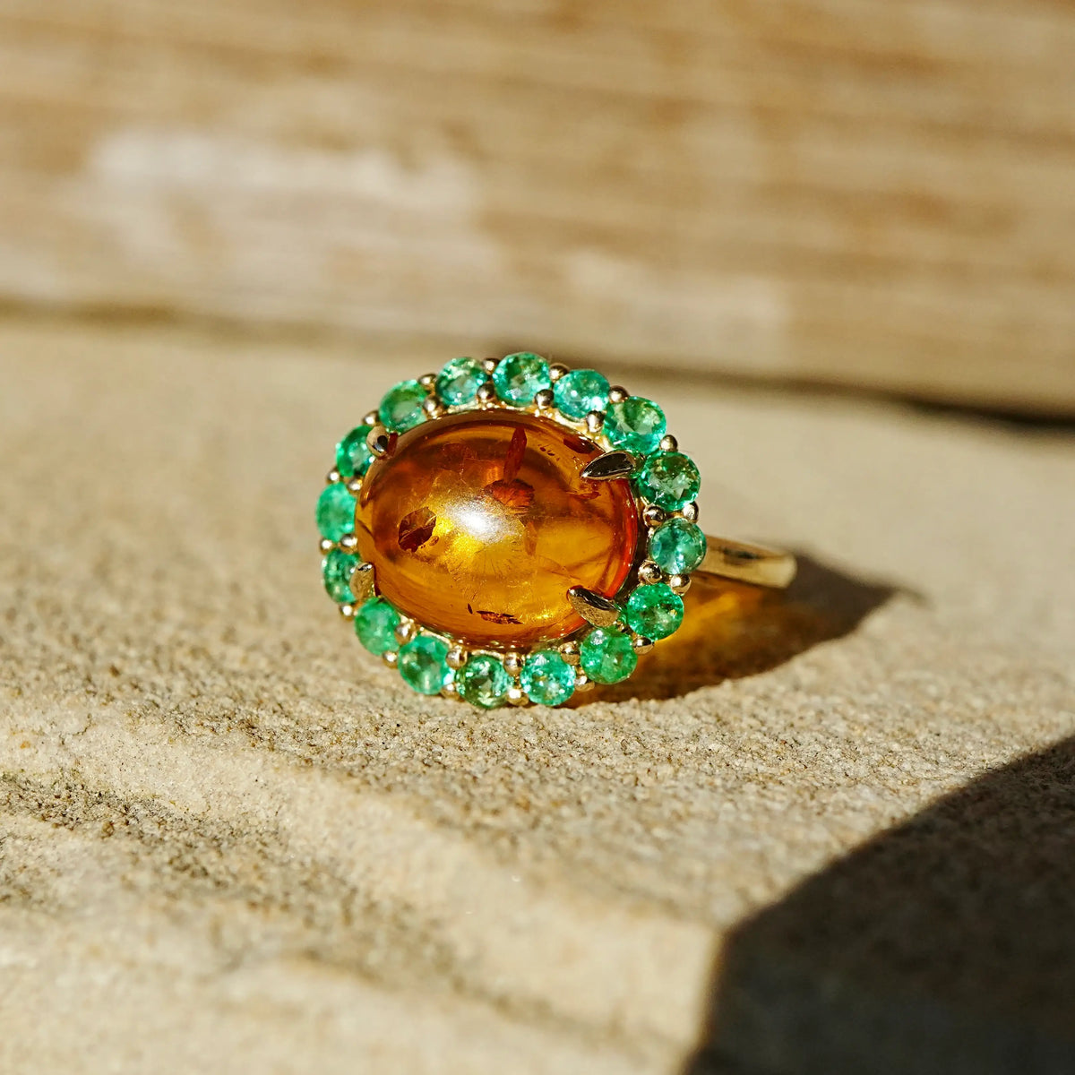 14k yellow gold Eden Halo 2.69 ctw Natural Amber & Emerald East-West Ring (One-of-a-Kind)