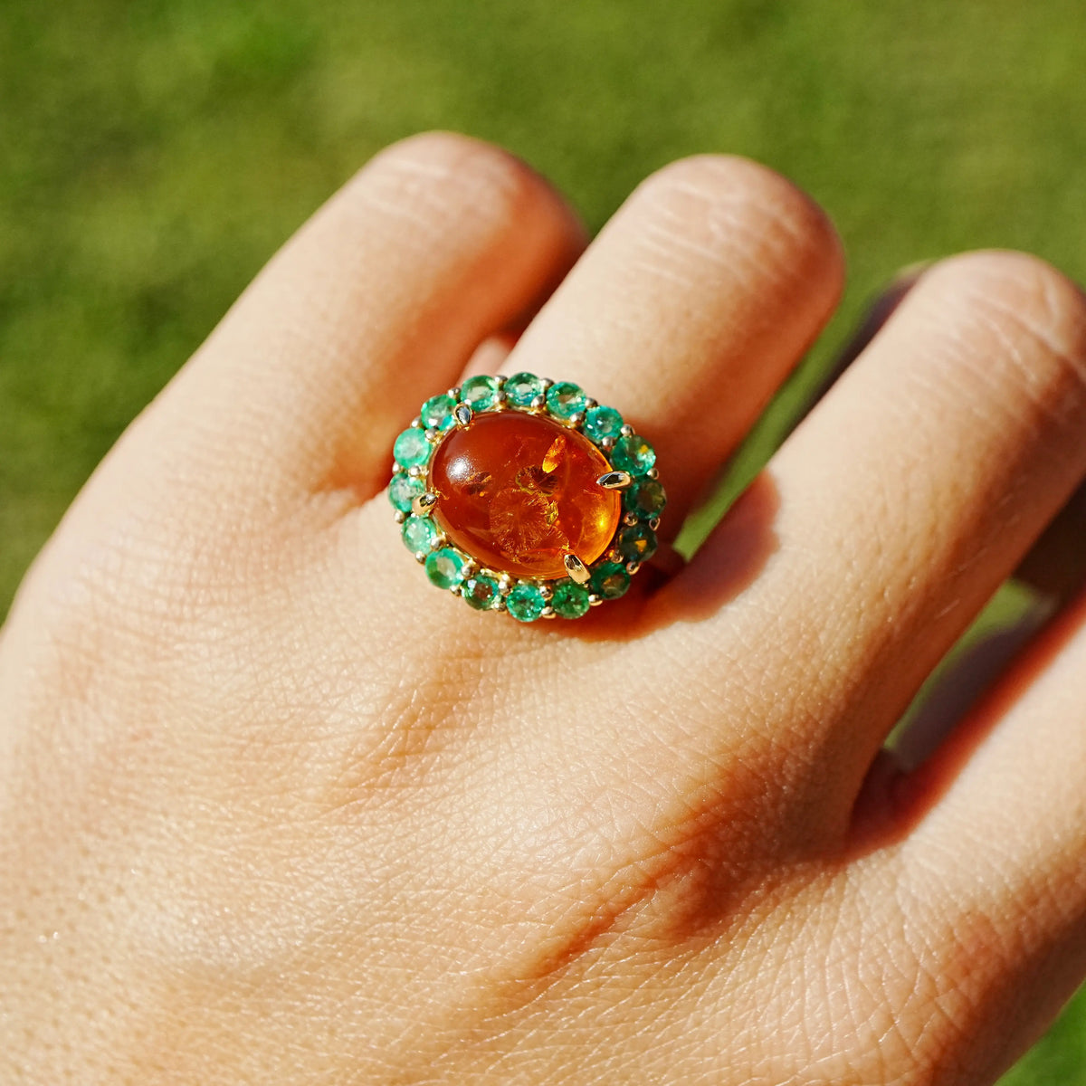 14k yellow gold Eden Halo 2.69 ctw Natural Amber & Emerald East-West Ring (One-of-a-Kind)