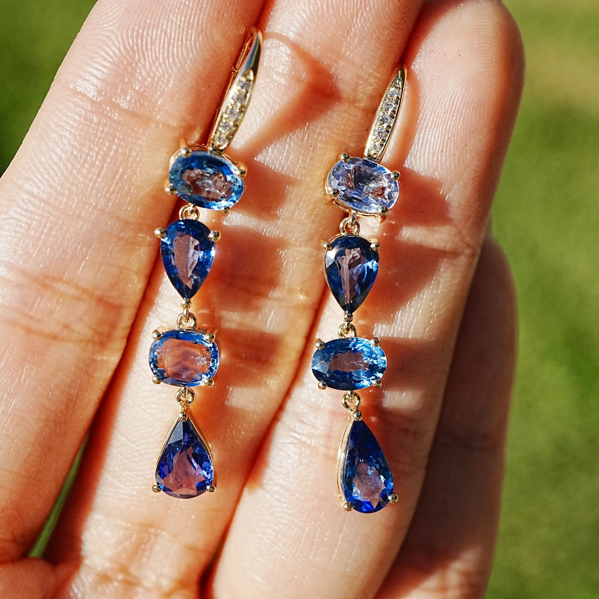 14k yellow gold Garden Melody 6.26 ctw Natural Sapphire & Diamond Drop Earrings (One-of-a-Kind)