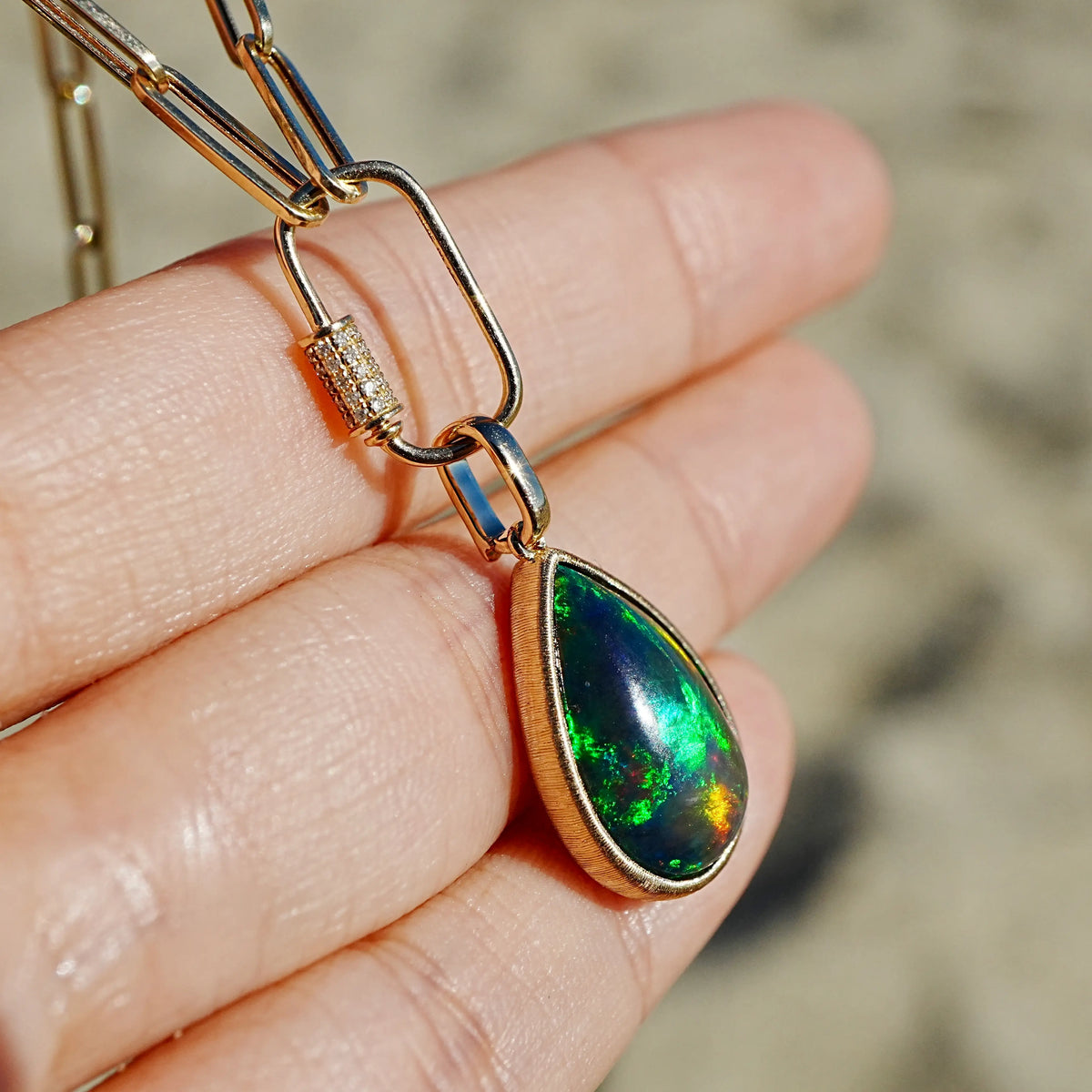 14k yellow gold Vivid Glance 3.97ct Natural Black Opal Diamond Lock Paperclip Chain Necklace (One-of-a-Kind)
