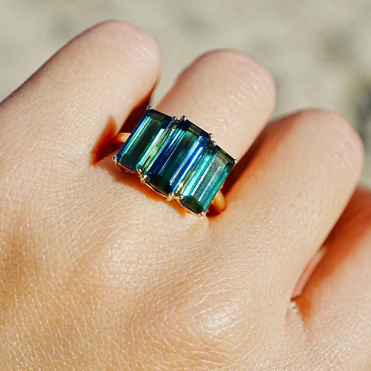 14k yellow gold Eden Trio 4.91 ctw Natural Teal Blue-Green Tourmaline Three-Stone Ring (One-of-a-Kind)