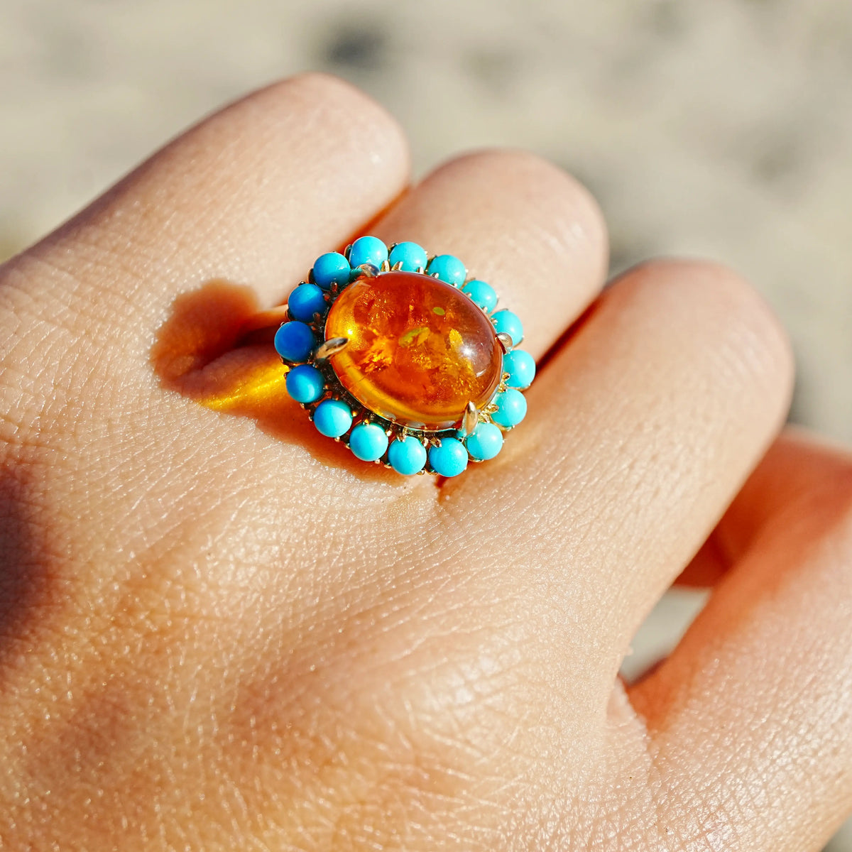 14k yellow gold Eden Halo 3.14 ctw Natural Golden Amber & Turquoise East-West Ring (One-of-a-Kind)