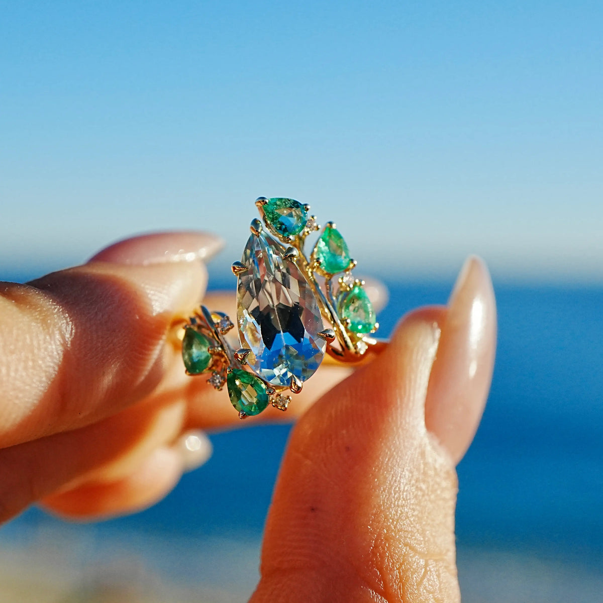 14k yellow gold Enchanted Vine 2.83 ctw Natural Aquamarine, Emerald & Diamond Ring (One-of-a-Kind)