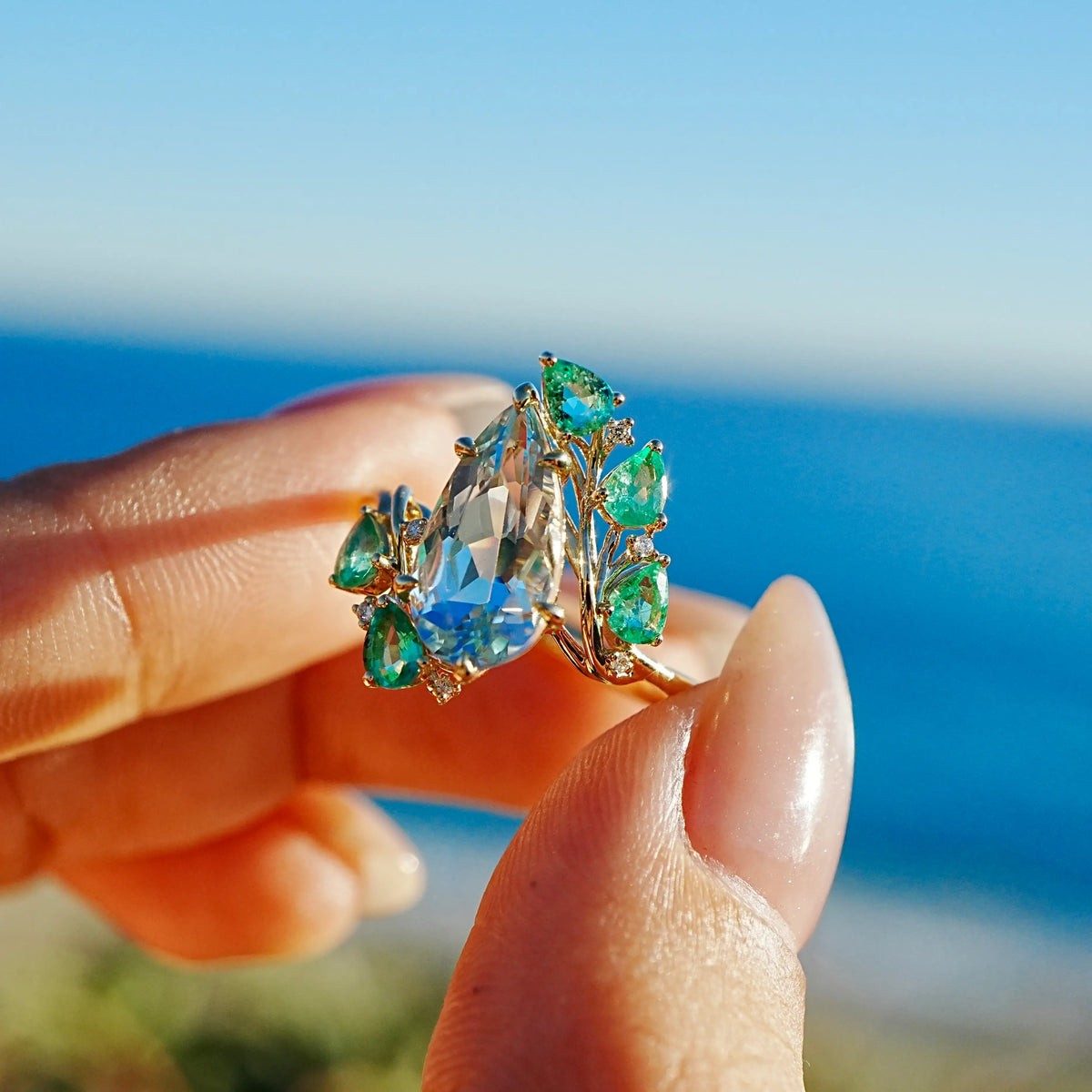14k yellow gold Enchanted Vine 2.83 ctw Natural Aquamarine, Emerald & Diamond Ring (One-of-a-Kind)