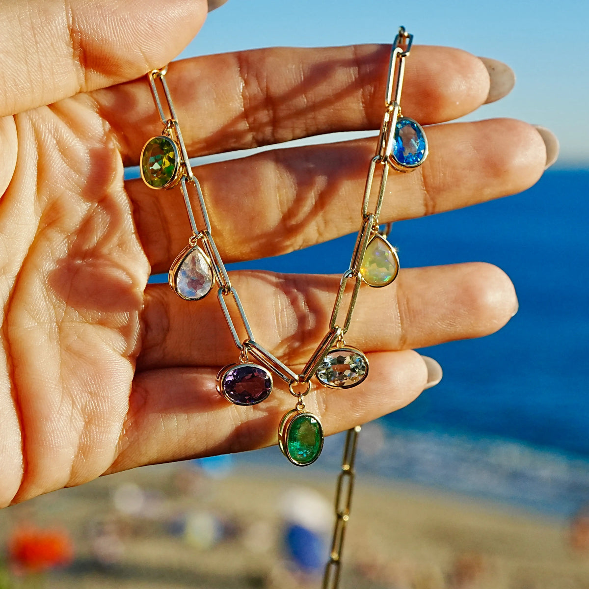 14k yellow gold Earthlight 8.40 ctw Natural Emerald & Aquamarine Seven-Gemstone Paperclip Chain Necklace (One-of-a-Kind)